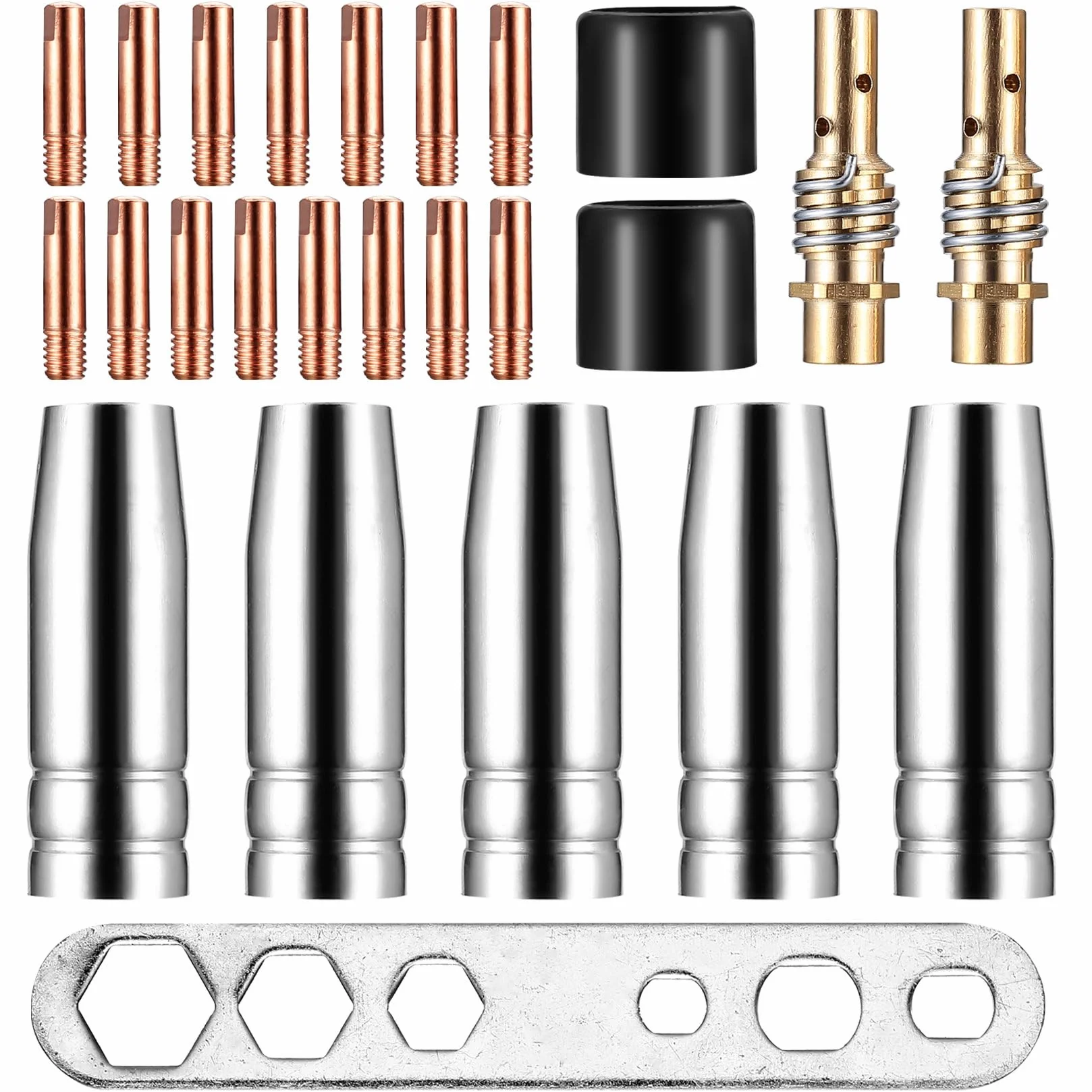 Zestaw 25 części eksploatacyjnych, akcesoria spawalnicze do spawarki gazowej AK-15/MB-15 Akcesoria: 5 x dysze gazowe, 15 x M6 0,8 mm Dysze zasilania, 2 x uchwyt dyszy, 2 x izolatory, 1 x klucz płaski