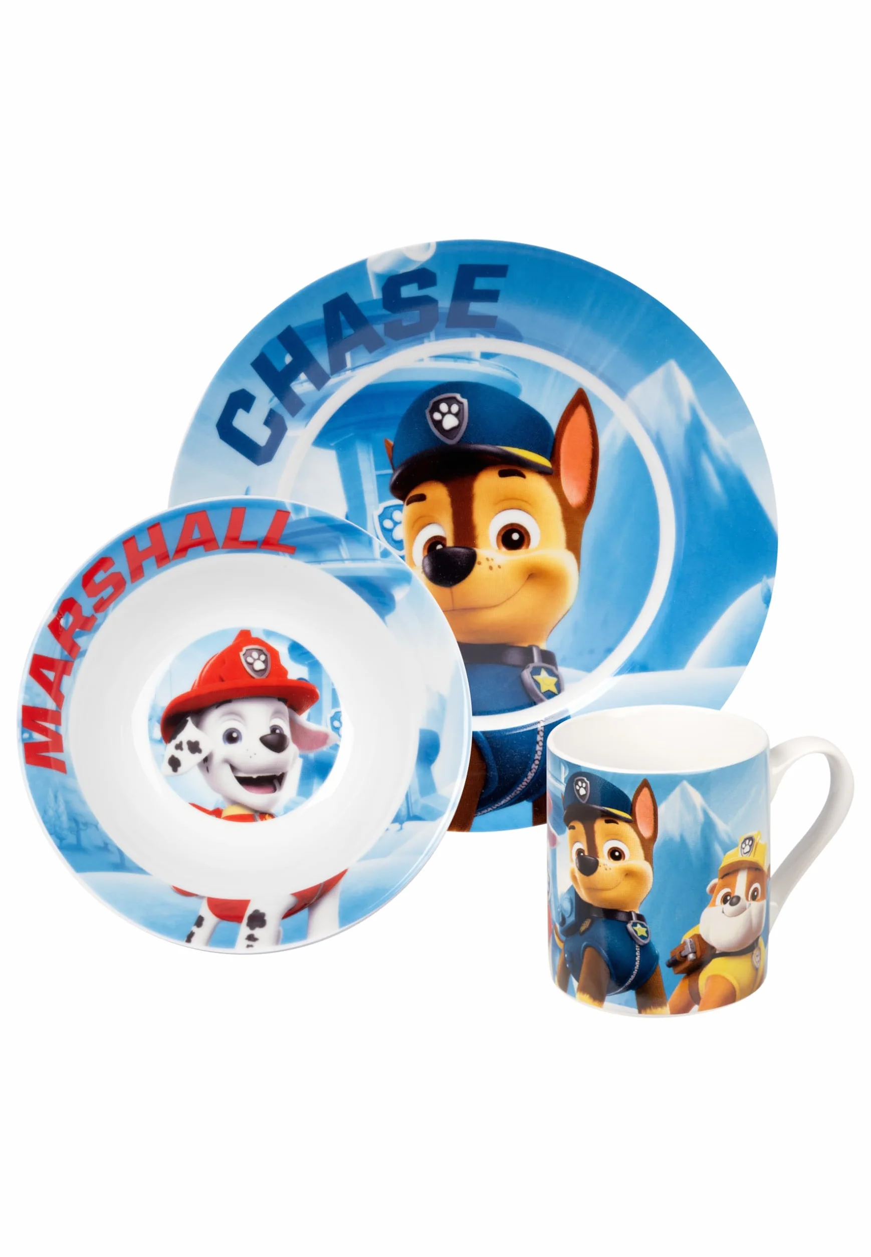 United Labels Psi Patrol zestaw śniadaniowy dla dzieci – 3-częściowy zestaw naczyń, talerze, miska i filiżanka z porcelany