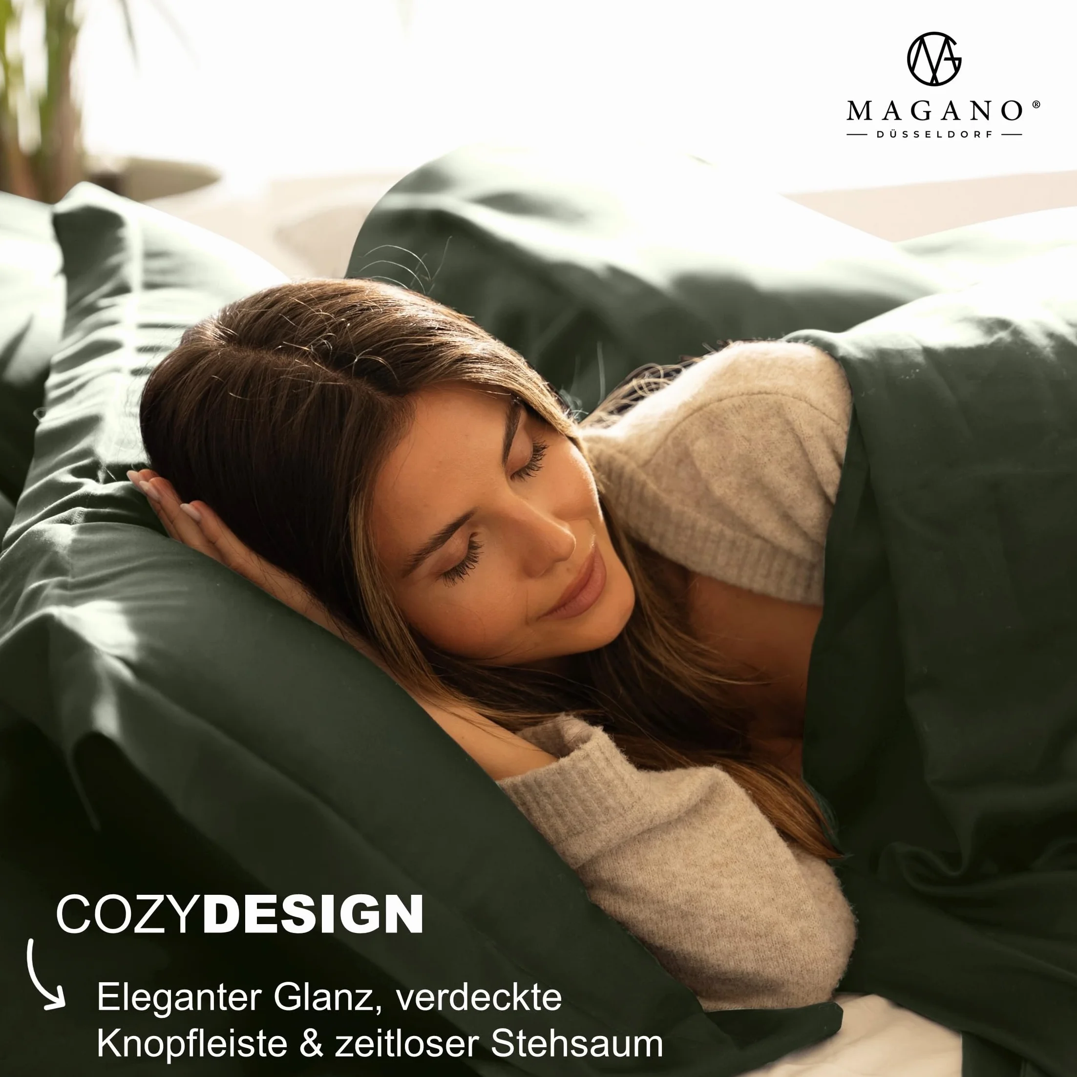 Magano® Luksusowa pościel 200 x 220 cm, kolor zielony, bambus i bawełniana satyna, jakość premium 400 TC, hipoalergiczna i regulująca klimat, poszewka na kołdrę 200 x 220 cm + 2 x poszewka na poduszkę