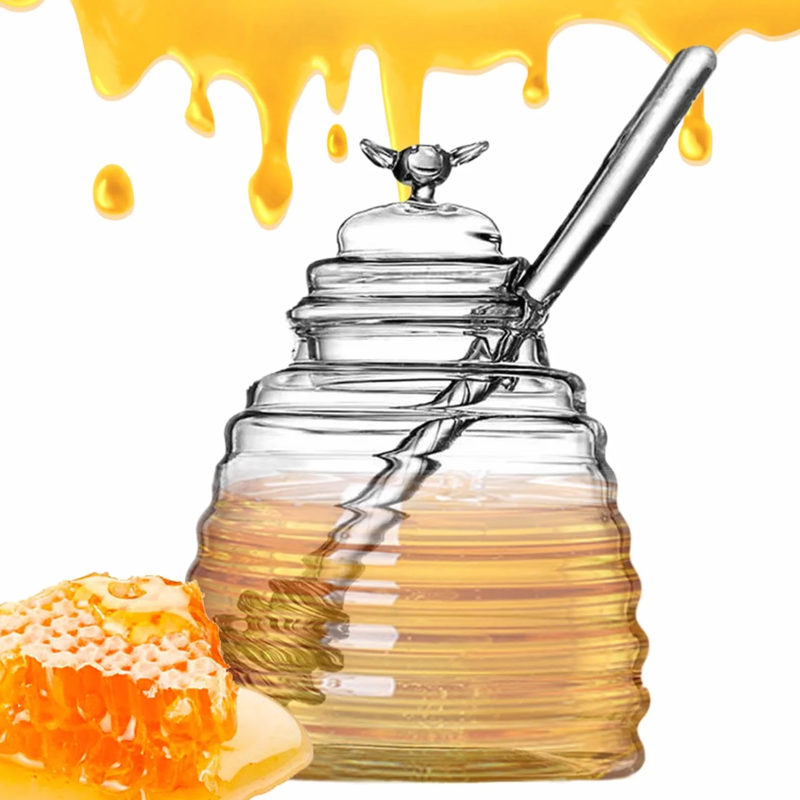 Słoik na miód z pojemnikiem i pokrywką, 500 ml miód pszczoła garnek przezroczysty szklany słoik na miód odporny szklany dozownik miodu do dozowania miodu i syropu