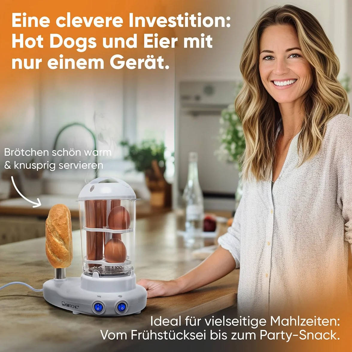 Clatronic HDM 3420 - 2 w 1: producent hot dogów i kotłów do jajek w jednym, białym, 380 W