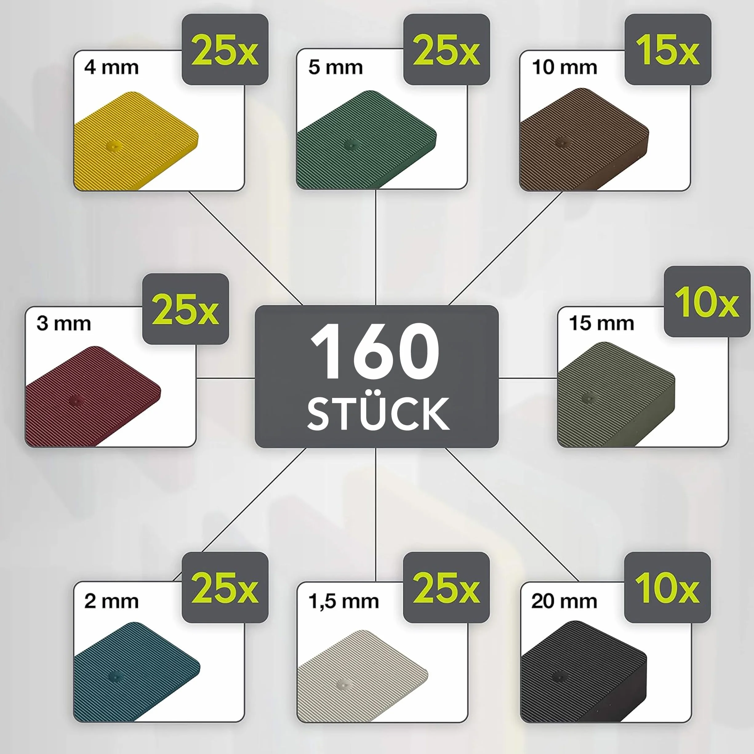 Podkładki klasy premium, 60 x 40 mm, mieszanka 80 sztuk, podkładki dystansowe, płytki z tworzywa sztucznego, podkładka dystansowa, nośność do 16 t, zestaw po 10 x 1,5, 2, 3, 4, 5, 10, 15