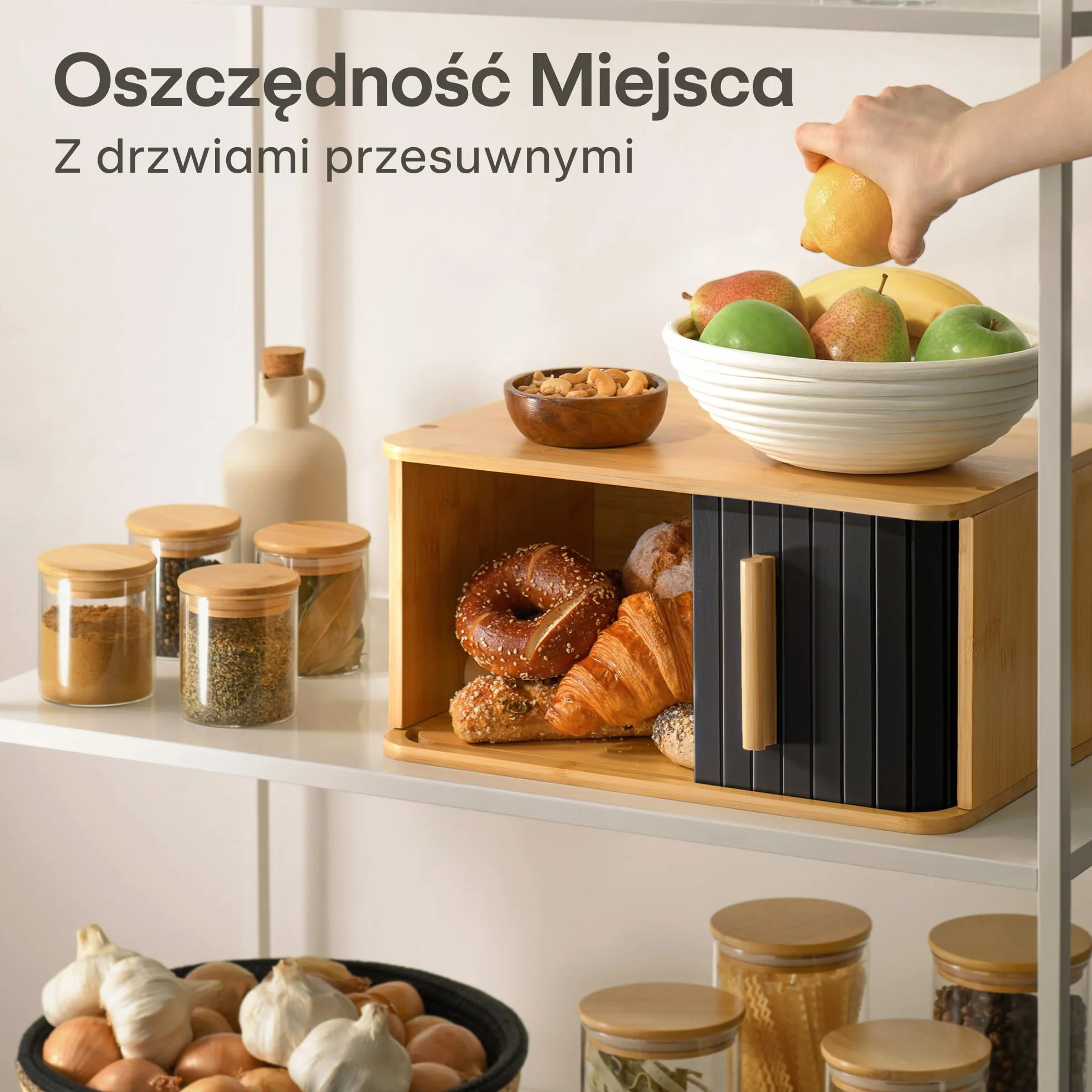 Bambusowy Pojemnik Na Chleb Duży - Fsc® Z Przesuwanymi Drzwiczkami - Przechowywanie Pieczywa 40 x 28cm - Oszczędza Miejsce - Dłużej Zachowuje Świeżość - Czarny