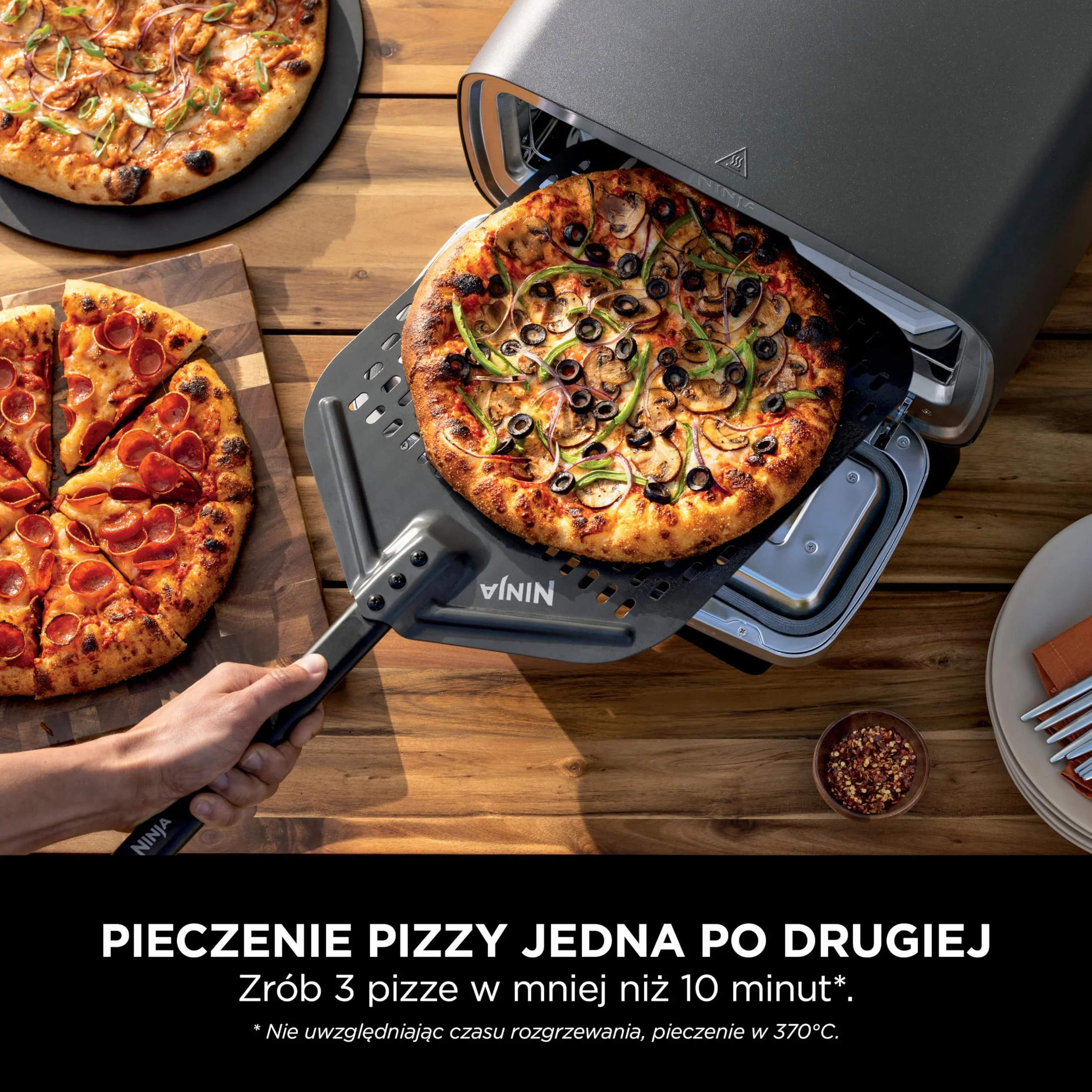 Ninja Artisan Elektryczny piec do pizzy i frytkownica, 4 funkcje: Pizza, Smażenie beztłuszczowe, Wypieki i Garowanie ciasta, 5 ustawień pizzy, kamień 30 cm, łopatka, blacha, kosz, szary MO201EU