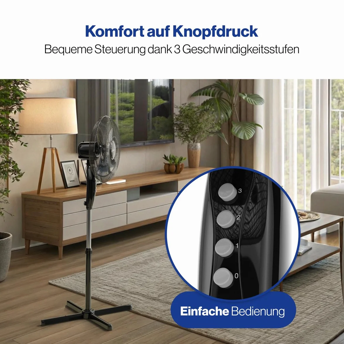 Clatronic 263926 VL 3603 S Wentylator Domowy Stojący O Średnicy 40 cm, Oscylujący, 3 Poziomy Prędkości, Regulowany Kąt Nachylenia, Czarny