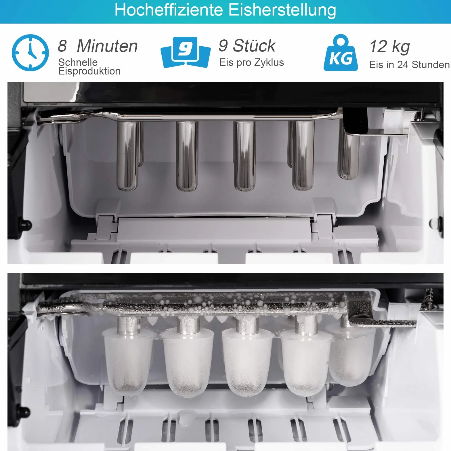 COSTWAY Kostkarka do lodu 1,85 l, 12 kg/24 h, 9 kostek lodu w ciągu 6 min, cicha, kostkarka do lodu z wyświetlaczem LED, szufelką i wyjmowanym koszem na lód 35 x 25 x 29,5 cm
