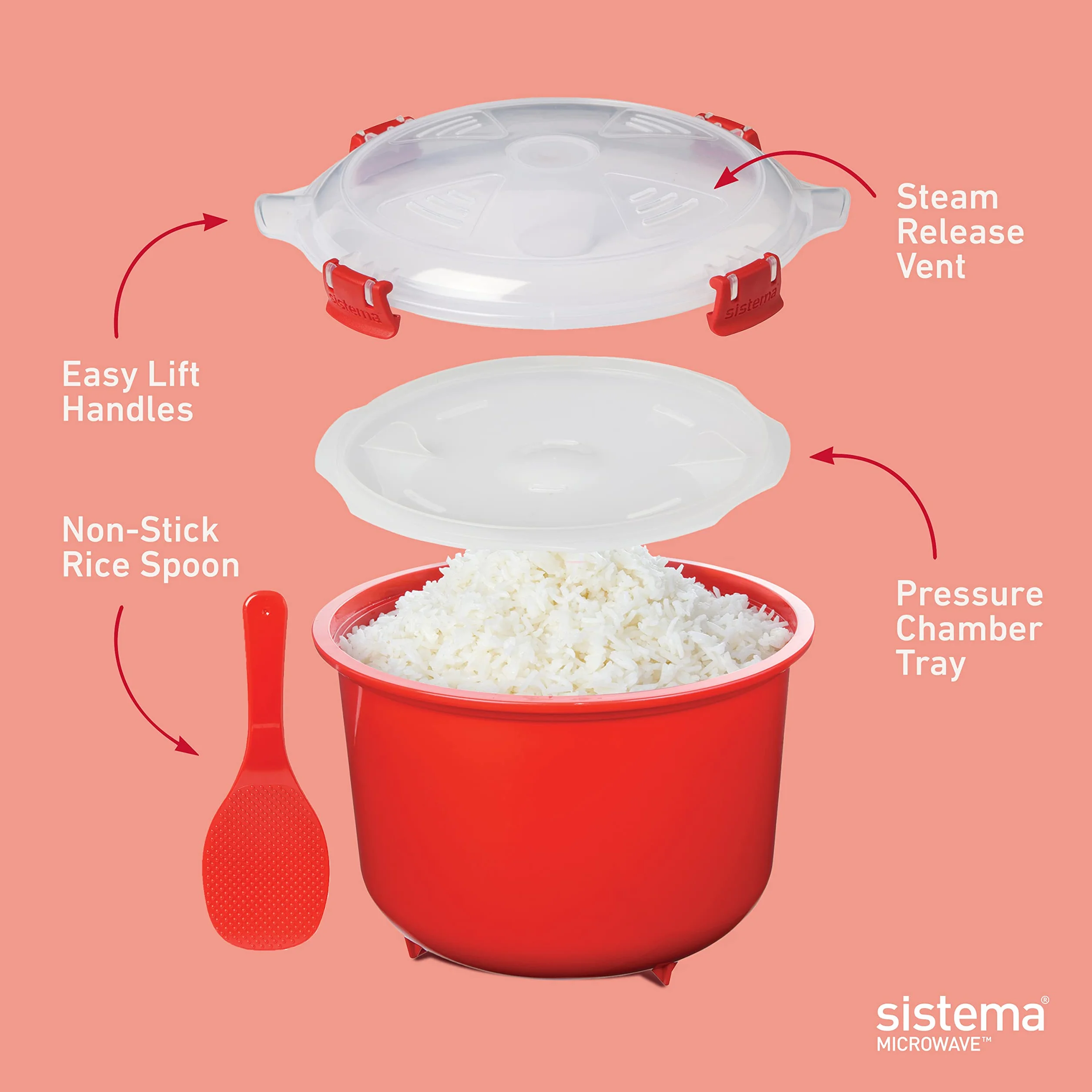 Sistema Microwave szybkowar do ryżu, 2,6 l, okrągły pojemnik na żywność w kuchence mikrofalowej (915 ml), nie zawiera BPA, czerwony [82001]