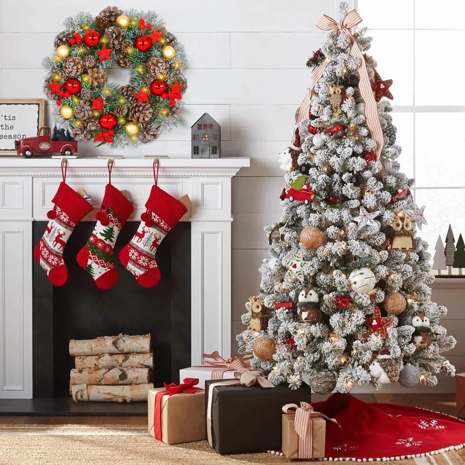 Wieniec bożonarodzeniowy LED 30 cm – wieniec na drzwi wejściowe, kominek i na zewnątrz – Christmas Wreath z oświetleniem
