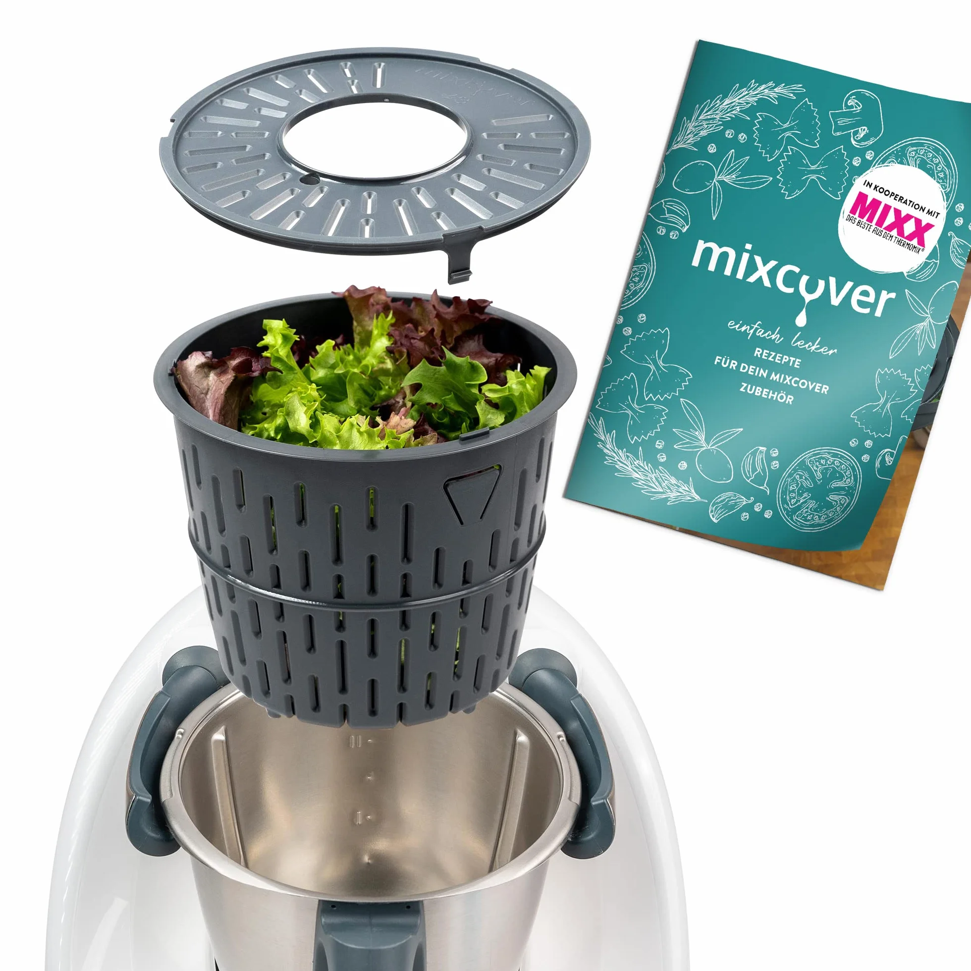 mixcover ulepszona wersja wirówki do sałat z e-bookiem z książeczką przepisów, kompatybilna z Thermomix TM7 TM6 TM5 – mycie i suszenie sałaty – suszarka do sałat - również do gotowania