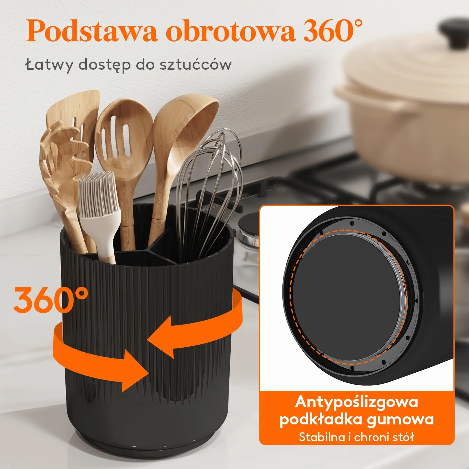 Lifewit Uchwyt na przybory do przechowywania w kuchni, pojemnik na sztućce z antypoślizgową obrotową podstawą, duża 3-komorowa plastikowa łyżka, szpatułka, sztućce, organizer na sztućce z suchym