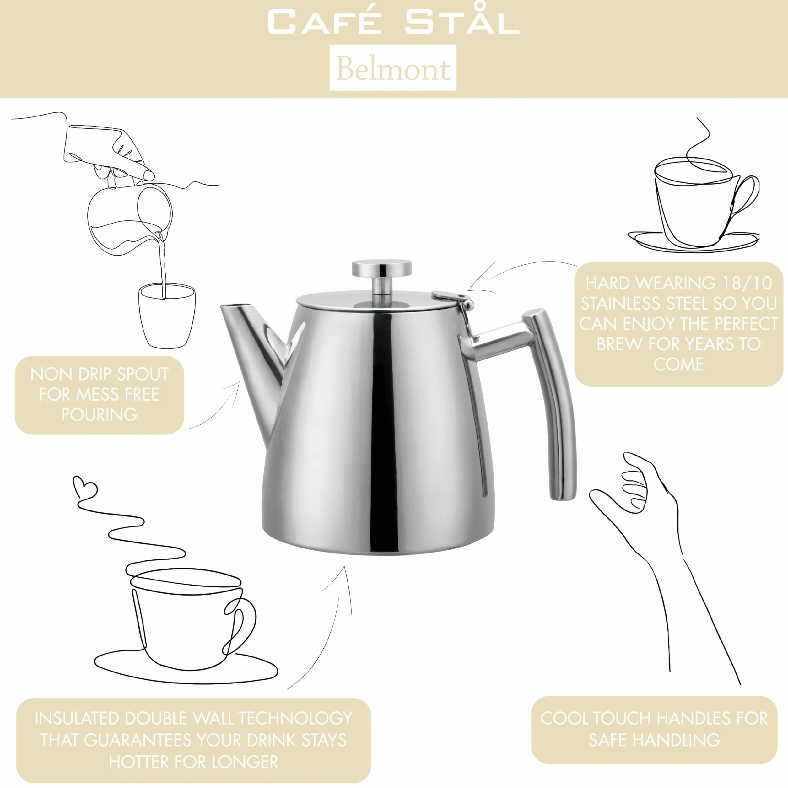 Café Stal Belmont dzbanek na herbatę ze stali nierdzewnej z podwójną ścianką z pokrywą na zawiasach, lustrzane wykończenie, 350 ml / 0,35 l, HTP-03DW