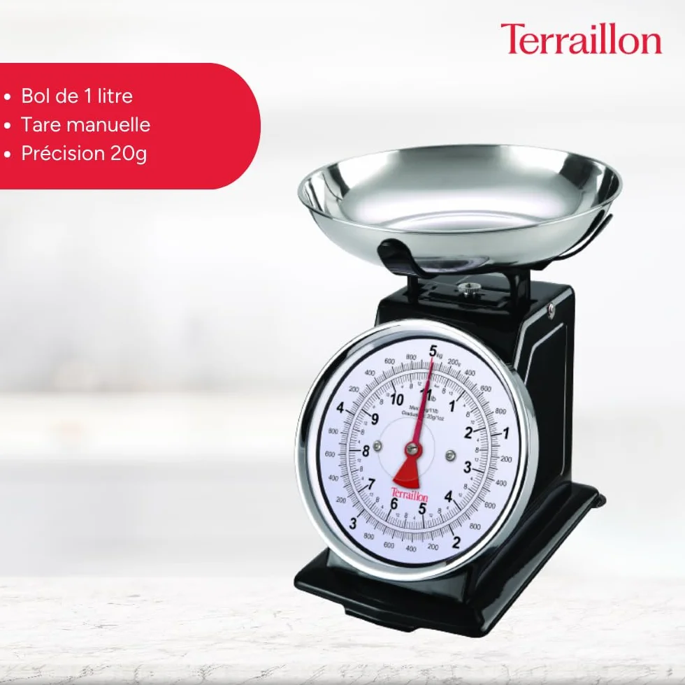 Terraillon Tradycyjna waga kuchenna, ręczna tara, duża tarcza, pojemność 5 kg, tradycja 500 - czarna