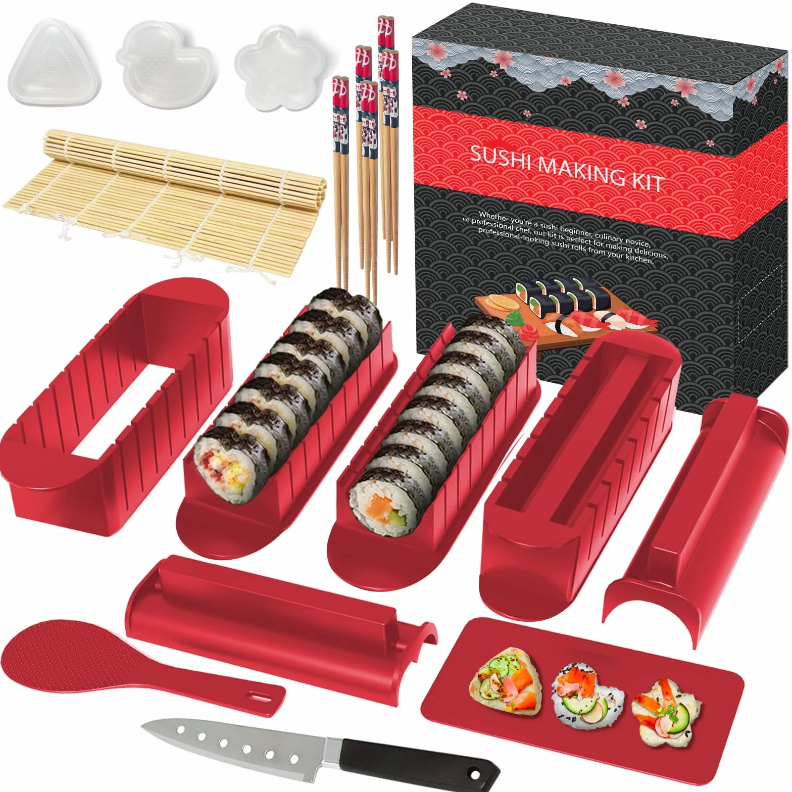 Zestaw do sushi dla początkujących 20-częściowy Deluxe z matą, talerzami, foremkami, nożem, pałeczkami
