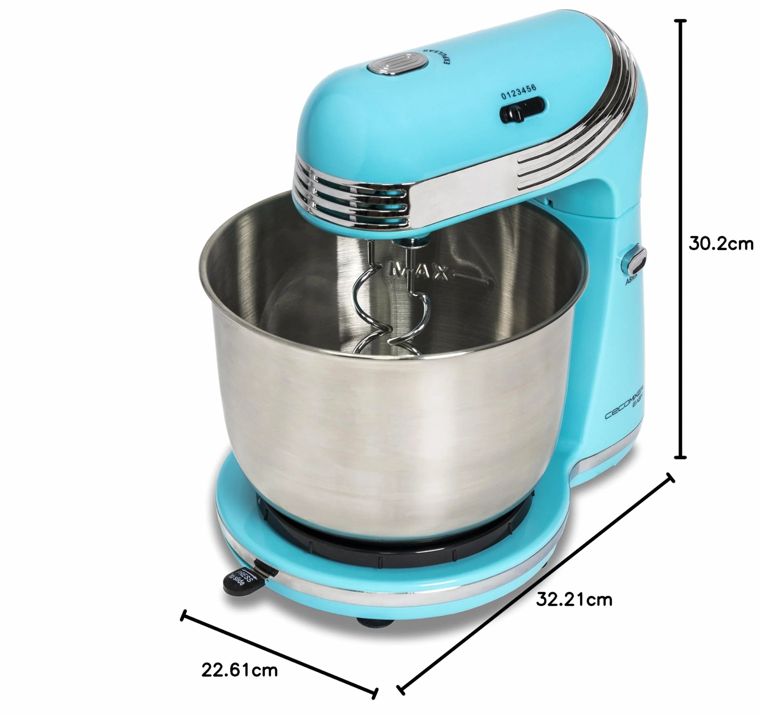 Cecotec Mikser Blender Cecomixer Easy. Orbital Motion, pojemność 3 L, stalowa misa, 5 funkcji (ugniatanie, ubijanie, mieszanie, ubijanie, emulgowanie), 6 prędkości, 250 W, niebieski