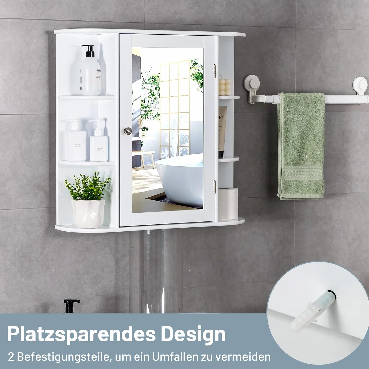 FANTASK Szafka łazienkowa z lustrem z 4 półkami i 6 otwartymi półkami, wisząca szafka łazienkowa z lustrem, 66 x 17 x 63 cm