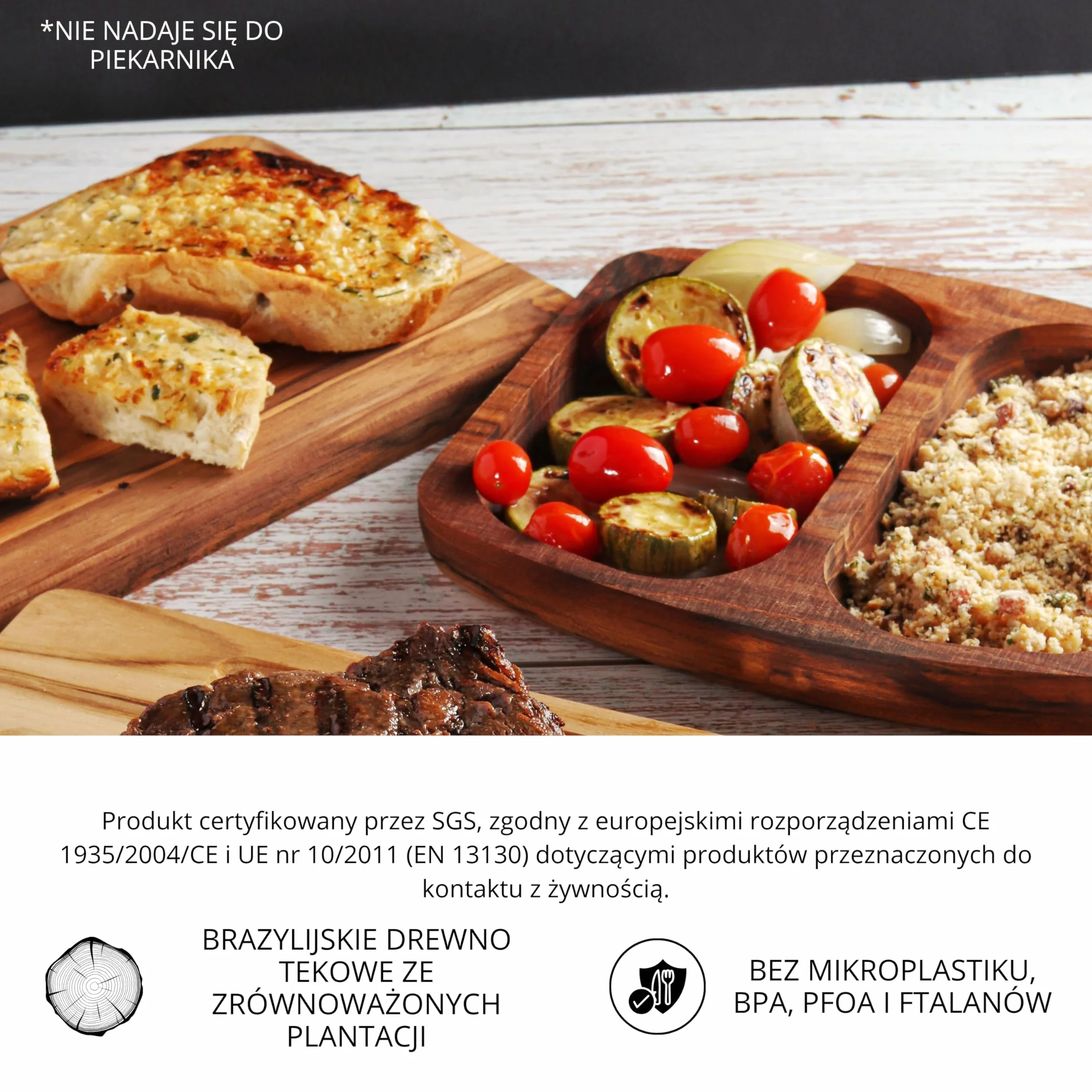 Tace Do Serwowania Posiłków, Taca Drewniana, Naturalne Drewno Tekowe, Prostokątna i Wytrzymała, Idealna Do Mięsa, Kurczaka, Wędlin, Tapas, Miseczka Na Sosy, 2 Przegrody, 24.5x21.5x2.4 cm