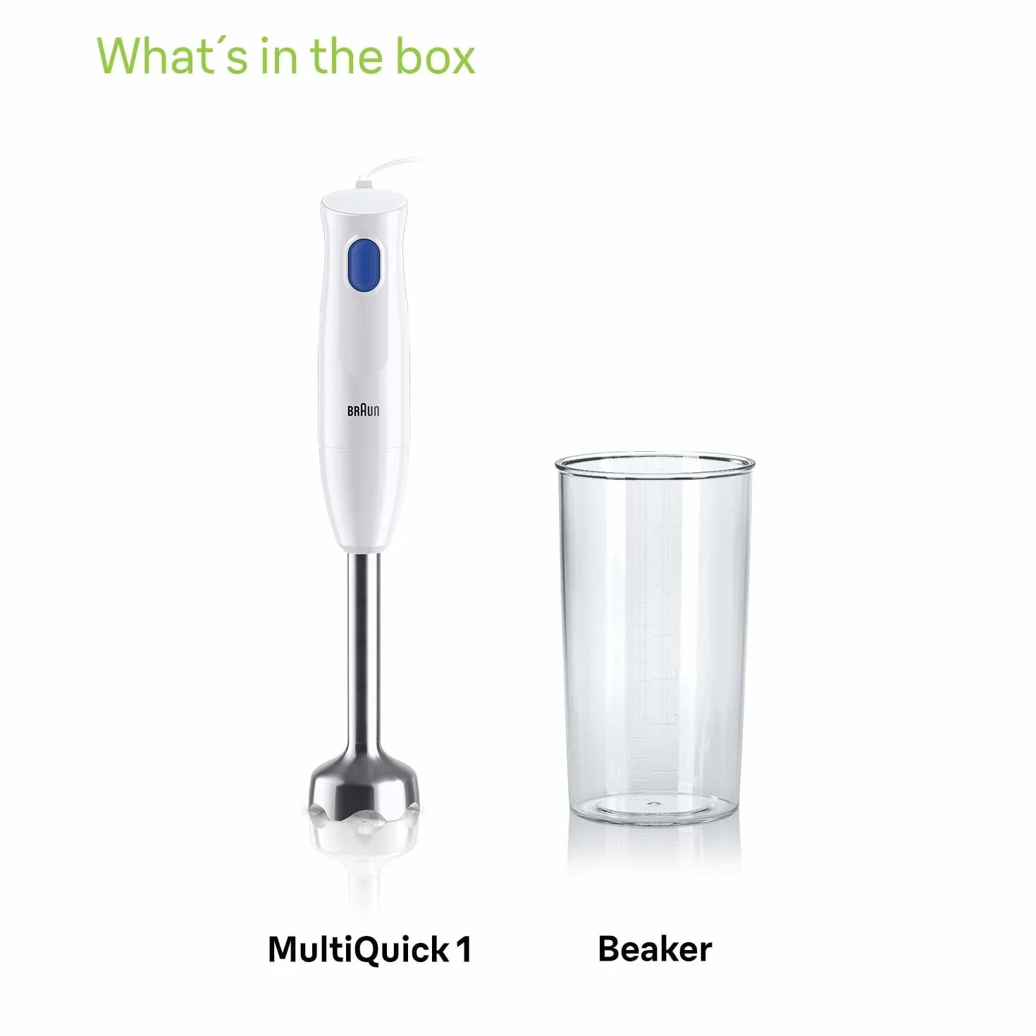 Braun MQ10.001M MultiQuick 1 blender ręczny – bardzo lekki blender z podstawą ze stali nierdzewnej i systemem EasyTwist, w zestawie kubek do miksowania i miarki 600 ml, 450 W, biały