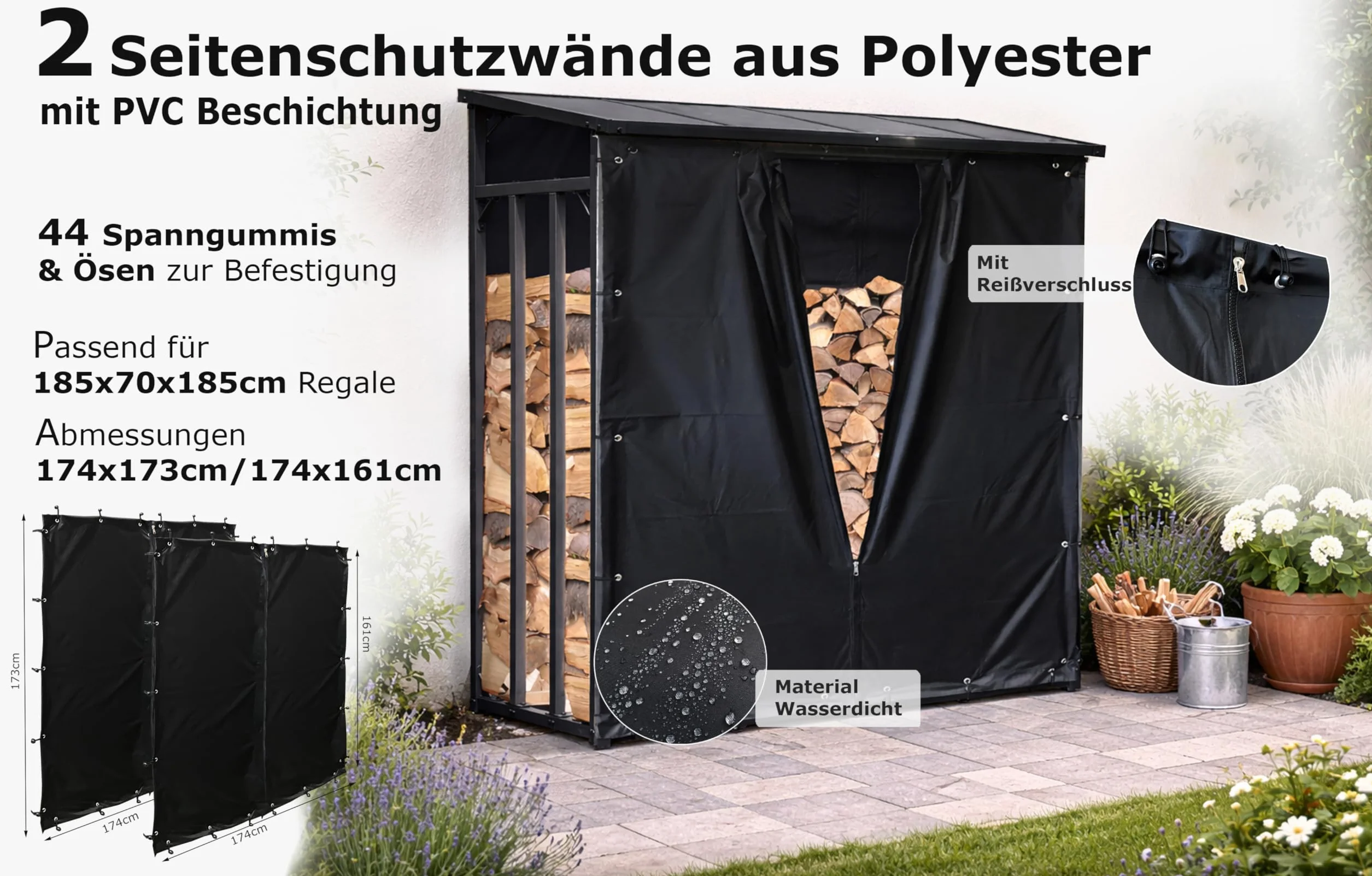 Quick Star zestaw ochrony przed warunkami atmosferycznymi, przód i ty? na drewno kominkowe XXL, 185 x 70 x 185 cm, PCW, kolor czarny