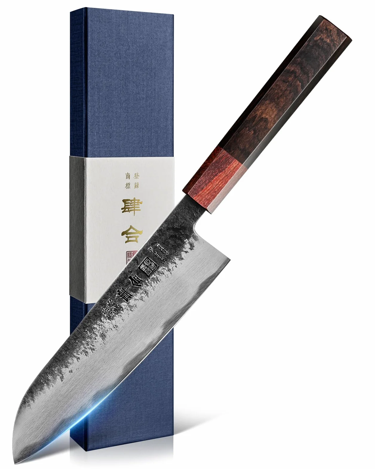 kanngou Santoku japoński nóż szefa kuchni, 18 cm, bardzo ostry nóż kuchenny ze stali AUS-8, z uchwytem z drewna hebanowego i czerwonego drewna oraz pudełkiem na prezent