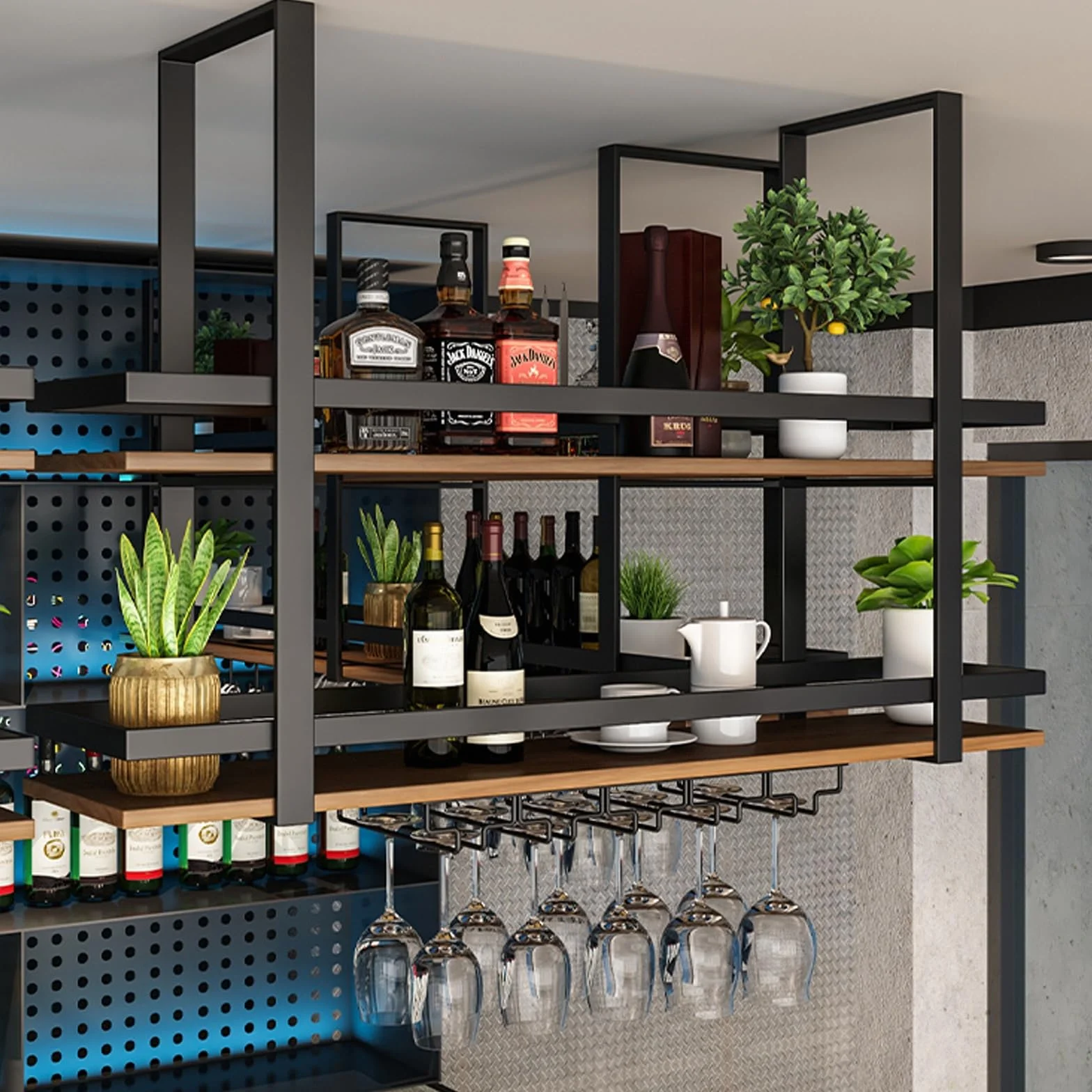 Montowany na suficie stojak na kieliszki do wina z żelazną półką ekspozycyjną na butelkę alkoholu, wielofunkcyjny, pływający organizer, półka do kuchni, 2-poziomowy, podwieszany metalowy stojak