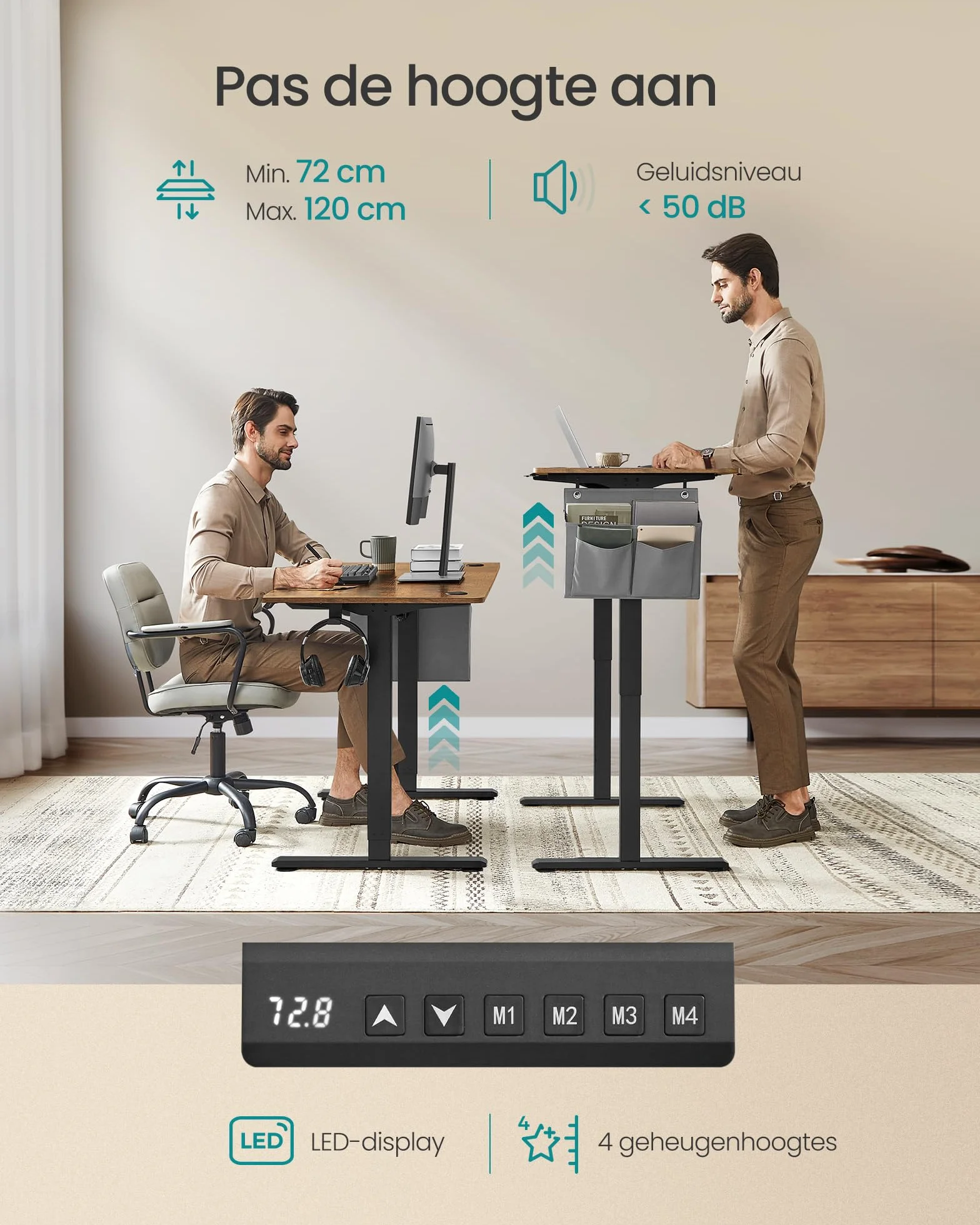 SONGMICS Biurko z elektryczną regulacją wysokości, 140 x 60 x (72-120) cm, regulowane, 4-stopniowa funkcja pamięci wysokości, do biura domowego, gabinetu, kolor brązowo-atramentowy LSD134K01