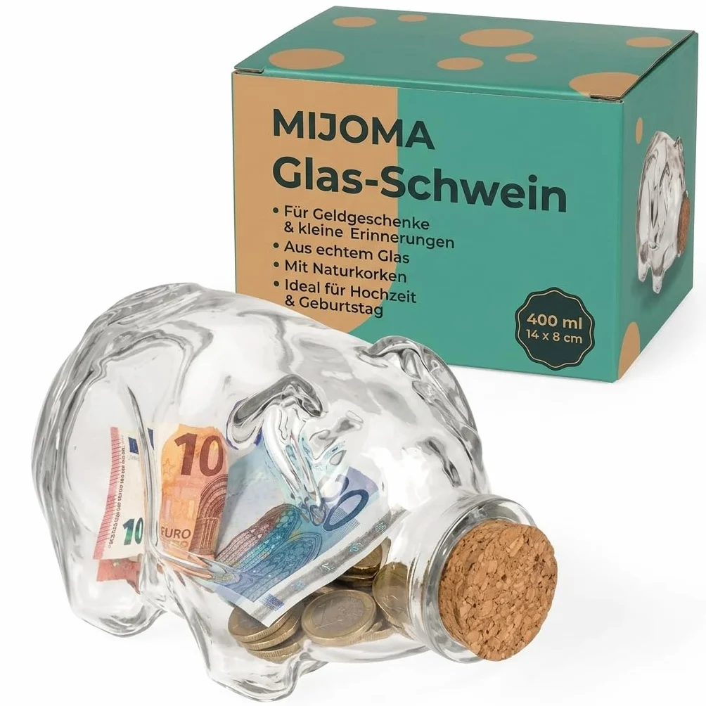 MIJOMA Szklana świnka do przechowywania z korkiem – skarbonka 400 ml i pudełko na prezent – słoik do przechowywania prezentów pieniężnych, wesele, urodziny, chrzest, święto młodości, 14 x 8 cm