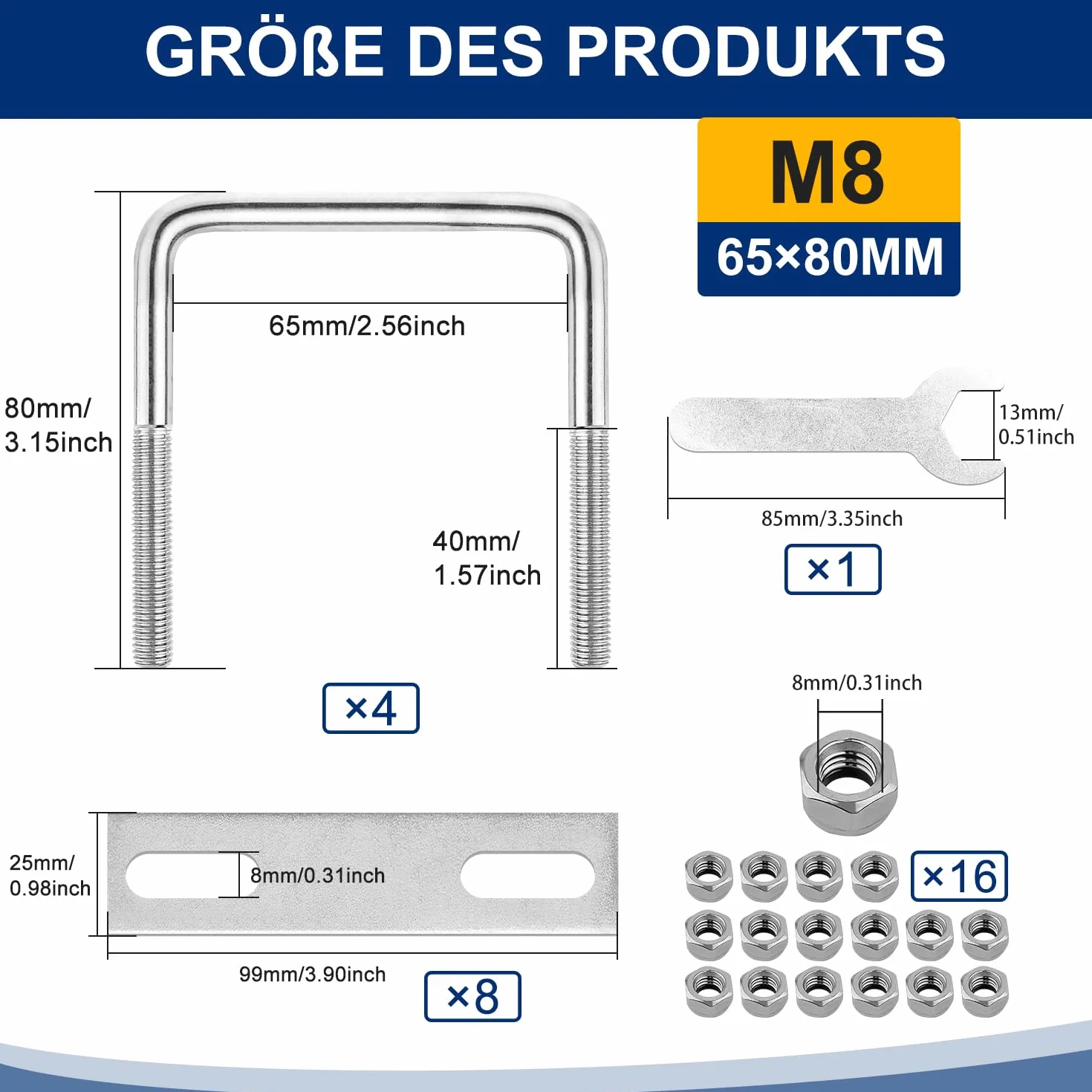 Śruby U M8 U Śruba 65 x 80 mm Śruba U ze stali nierdzewnej 4 szt. Kwadratowe U-Bolts z 16 nakrętką sześciokątną i 8 płytą ramy do zastosowań domowych samochodowych przemysłowych