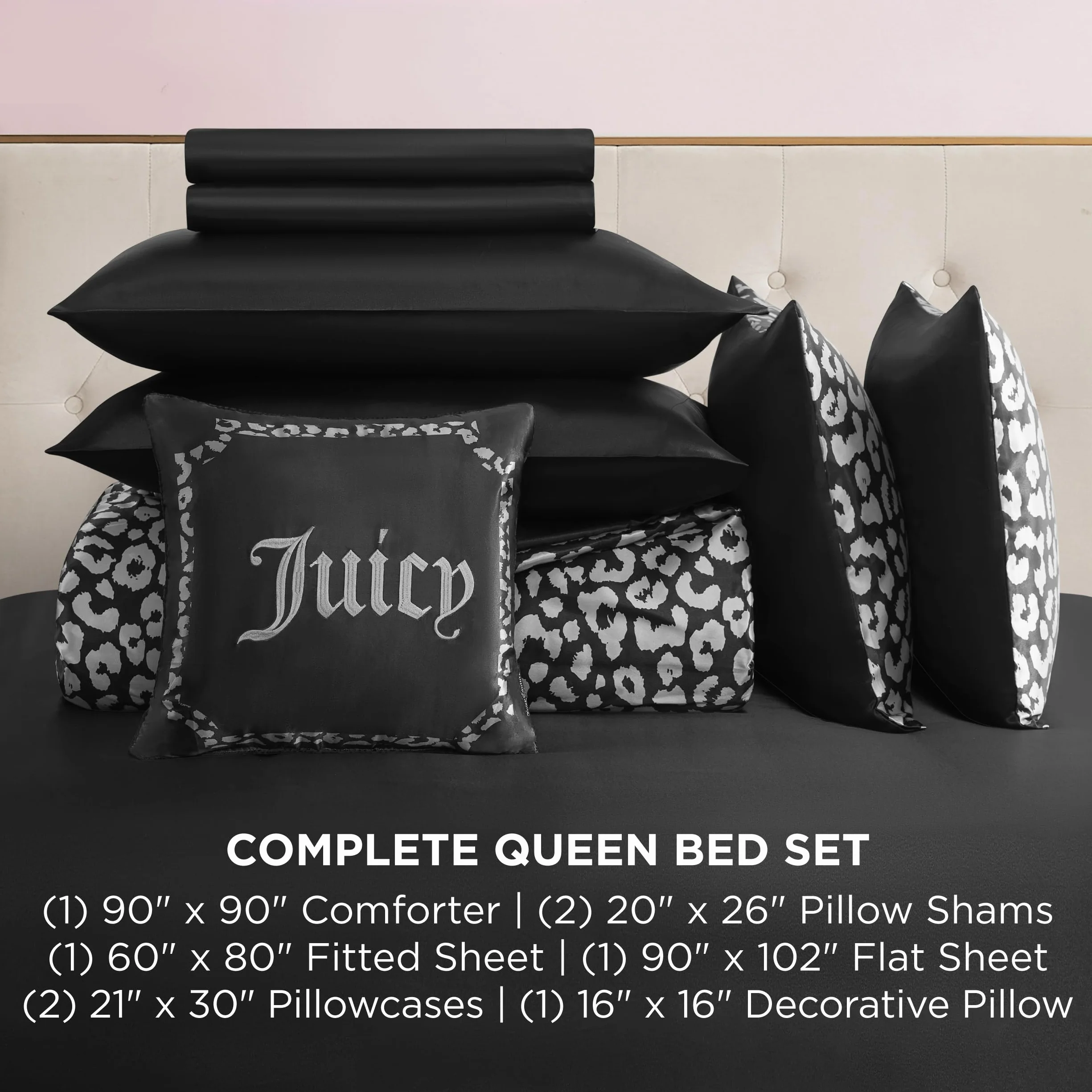 Juicy Couture Nowoczesny zestaw pościeli z satyny w panterkę - luksusowe łóżko w torbie - miękka i stylowa 8-częściowa kolekcja pościeli