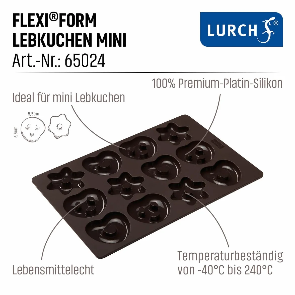 Lurch FlexiForm Mini foremki do pieczenia pierników, 2 formy do pieczenia w sumie 24 mini pierników, precle, serca i gwiazdy, platynowy silikon klasy premium, 20 x 30 cm
