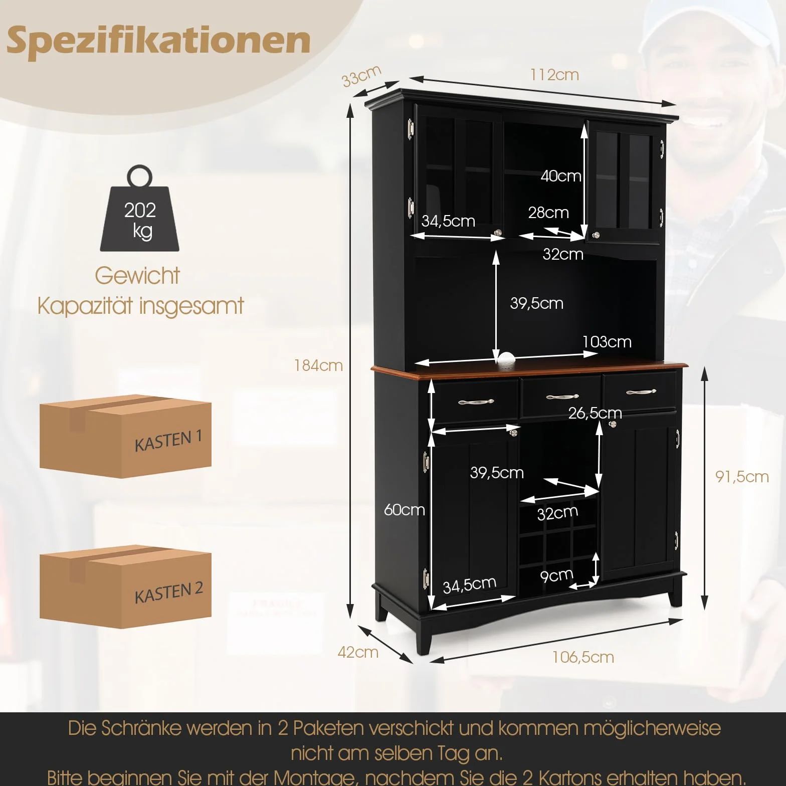 COSTWAYszafka kuchenna bufet z 3 szufladami, regałem na wino, otwartymi półkami i blatem roboczym, wysoka szafka bufetowa z regulowanymi półkami, 112 x 43 x 184,5 cm, czarna