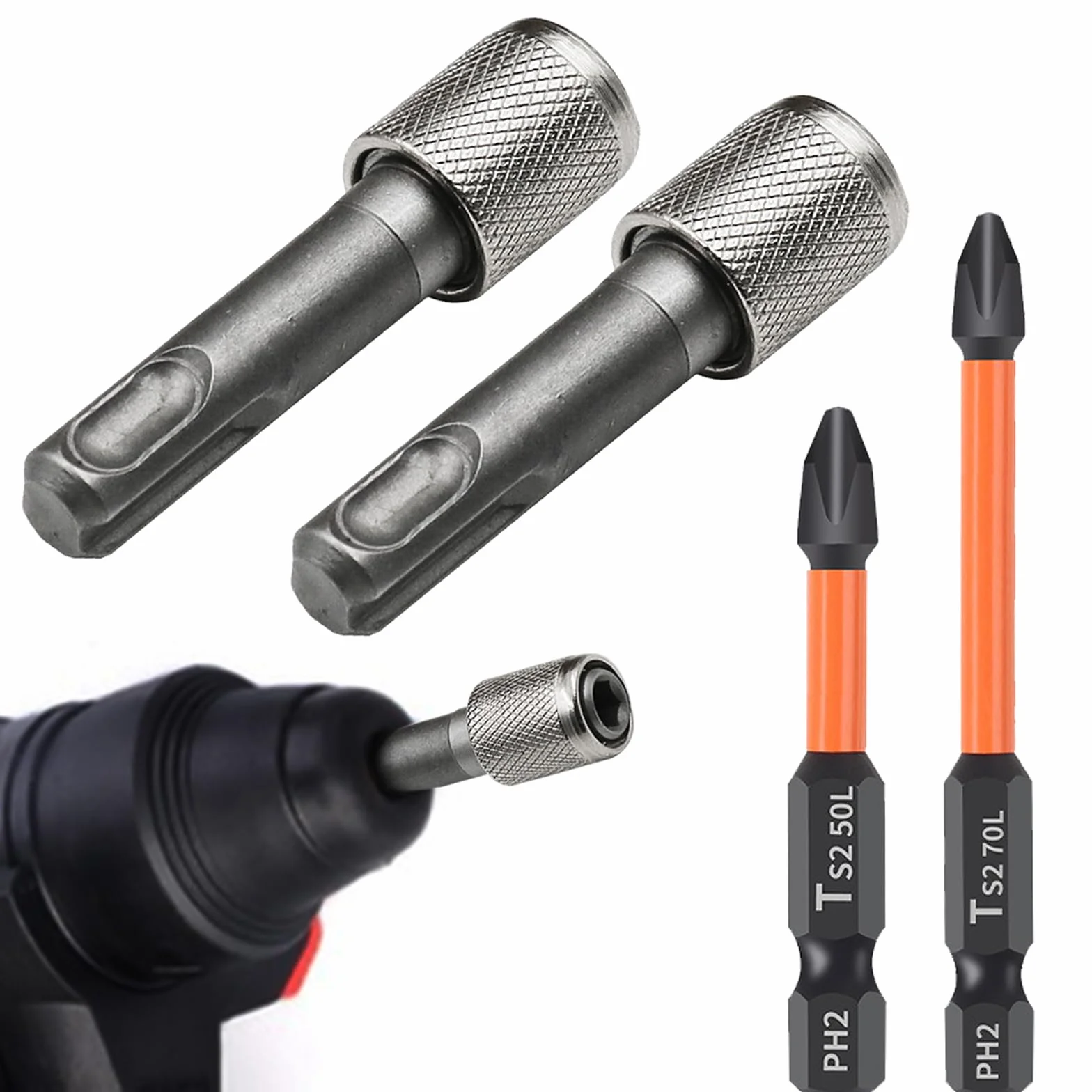 Adapter SDS Plus 6,35 mm (1/4"), 2 sztuki SDS Bit Adapter + 50 mm, 70 mm, po 1 wiertło krzyżowe, sześciokątny uchwyt wiertarski, konwerter do wiertarki udarowej