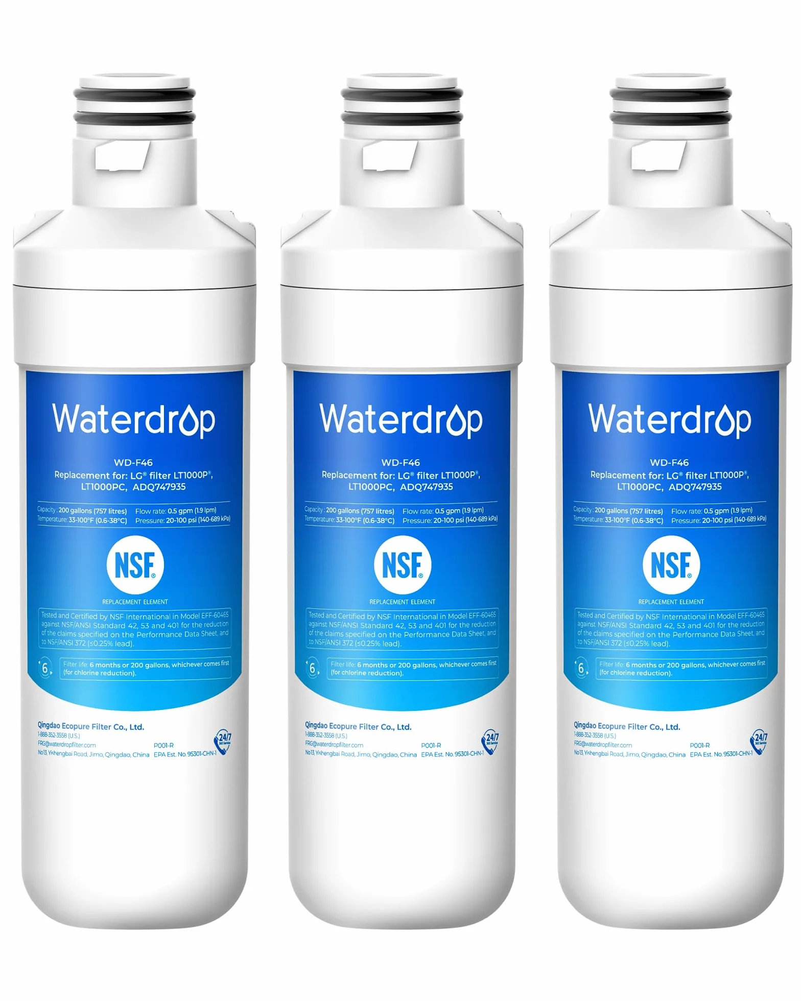 Waterdrop LT1000PC ADQ747935 MDJ64844601 filtr wody do lodówki, zamiennik dla LG® LT1000P®, ADQ74793501, ADQ74793502, Kenmore 46-9980, 9980, certyfikat NSF, opakowanie 3 szt