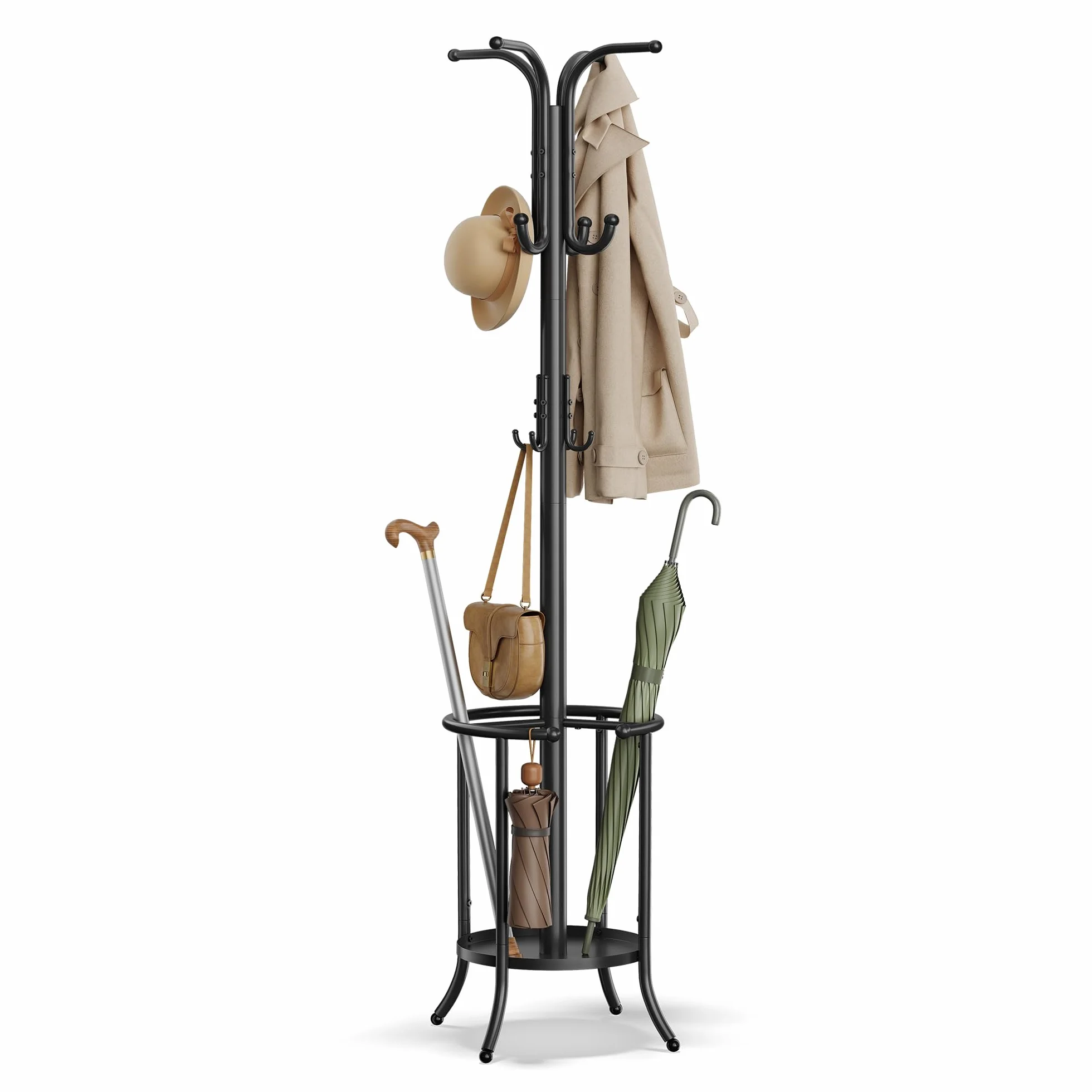 SONGMICS RCR011B01 wieszak na ubrania, wolnostojący, z uchwytem na parasol, 12 haczyków, metal, wysokość 175 cm, do przedpokoju, salonu, sypialni, czarny atrament