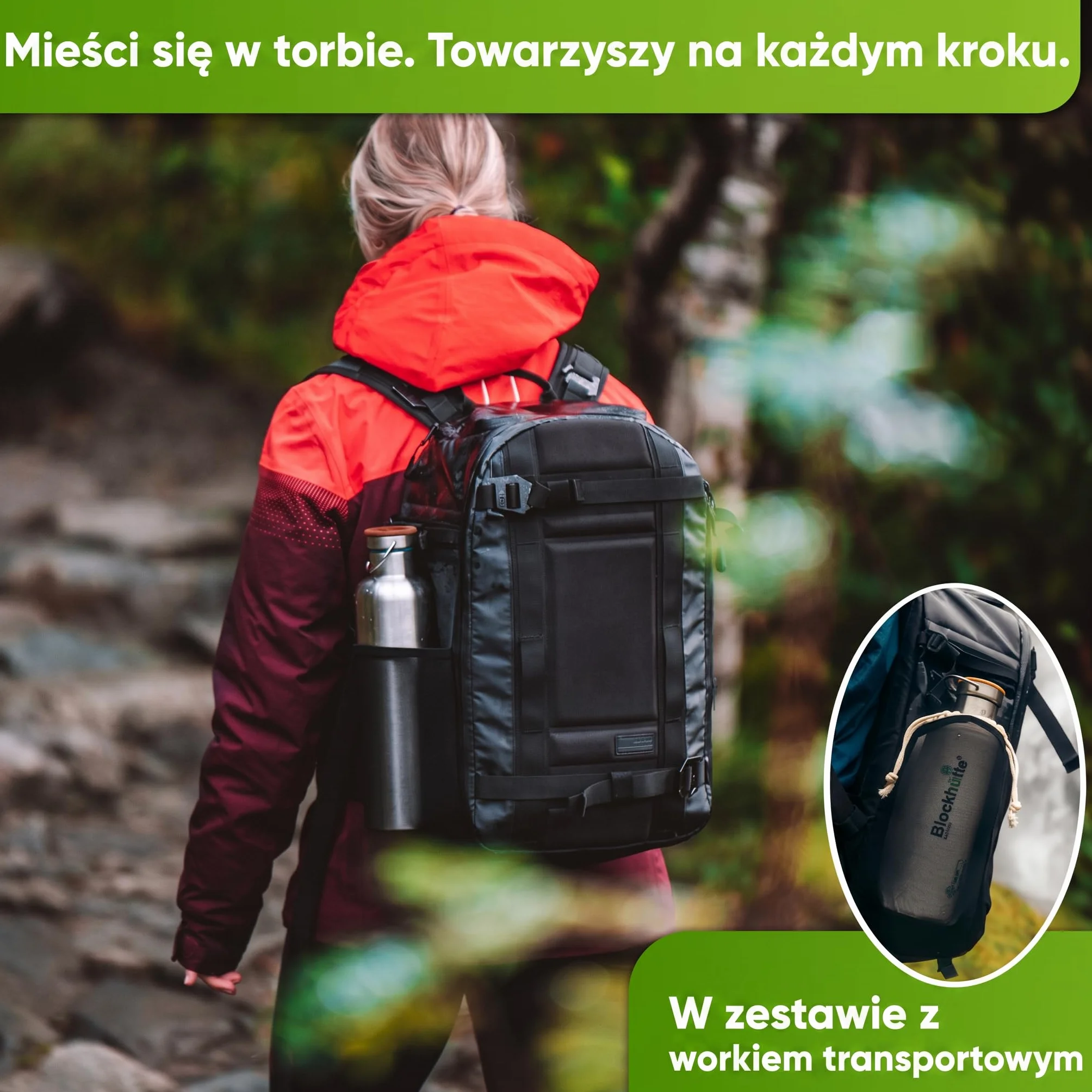 Blockhütte. Butelka na napoje, ze stali nierdzewnej, premium, izolowana, 750 ml, z ekologiczną szczotką do czyszczenia butelki, zabezpieczona przed wyciekiem, nadaje się do zmywarki, do sportu, bez bisfenolu A