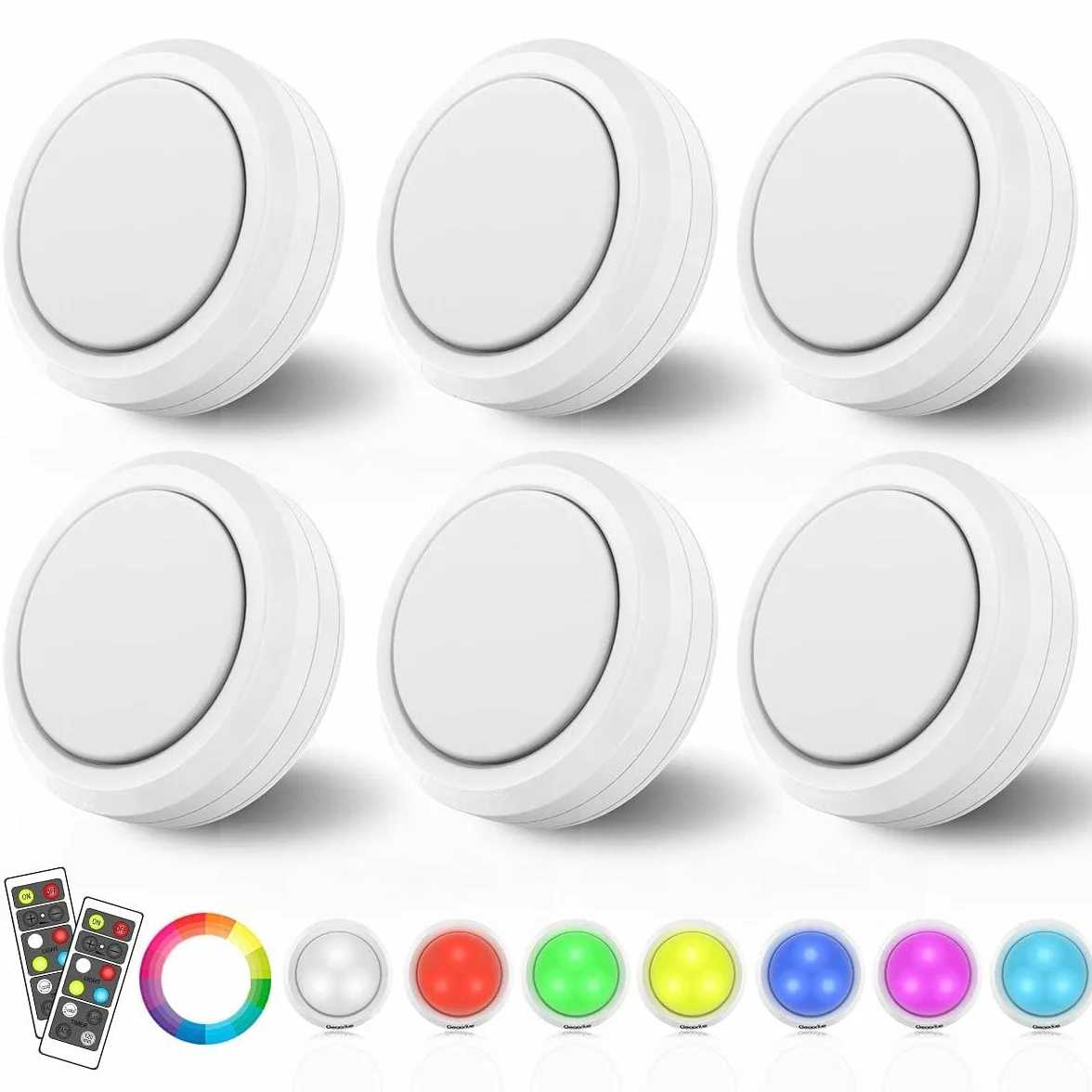 Światła krążkowe RGB, oświetlenie podszafkowe, bezprzewodowe światła LED, zasilane bateryjnie, oświetlenie podszafkowe, ściemniane, RGB lampka nocna z pilotem zdalnego sterowania, do szafki