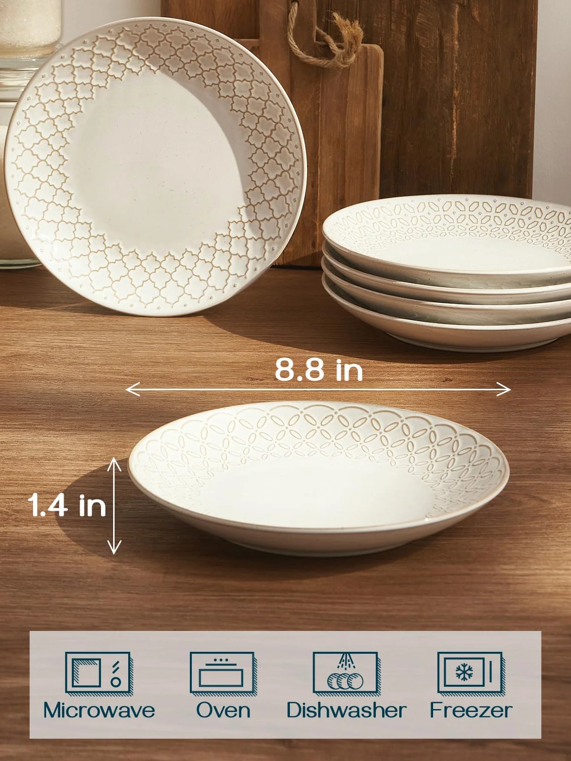 Zestaw 6 talerzy deserowych, ceramiczne talerze sałatkowe, 22 cm, wytłaczane, płaskie talerze do serwowania, na przekąski, mały lunch, sushi, odporne na zarysowania, naczynia z kamionki, nadają się do