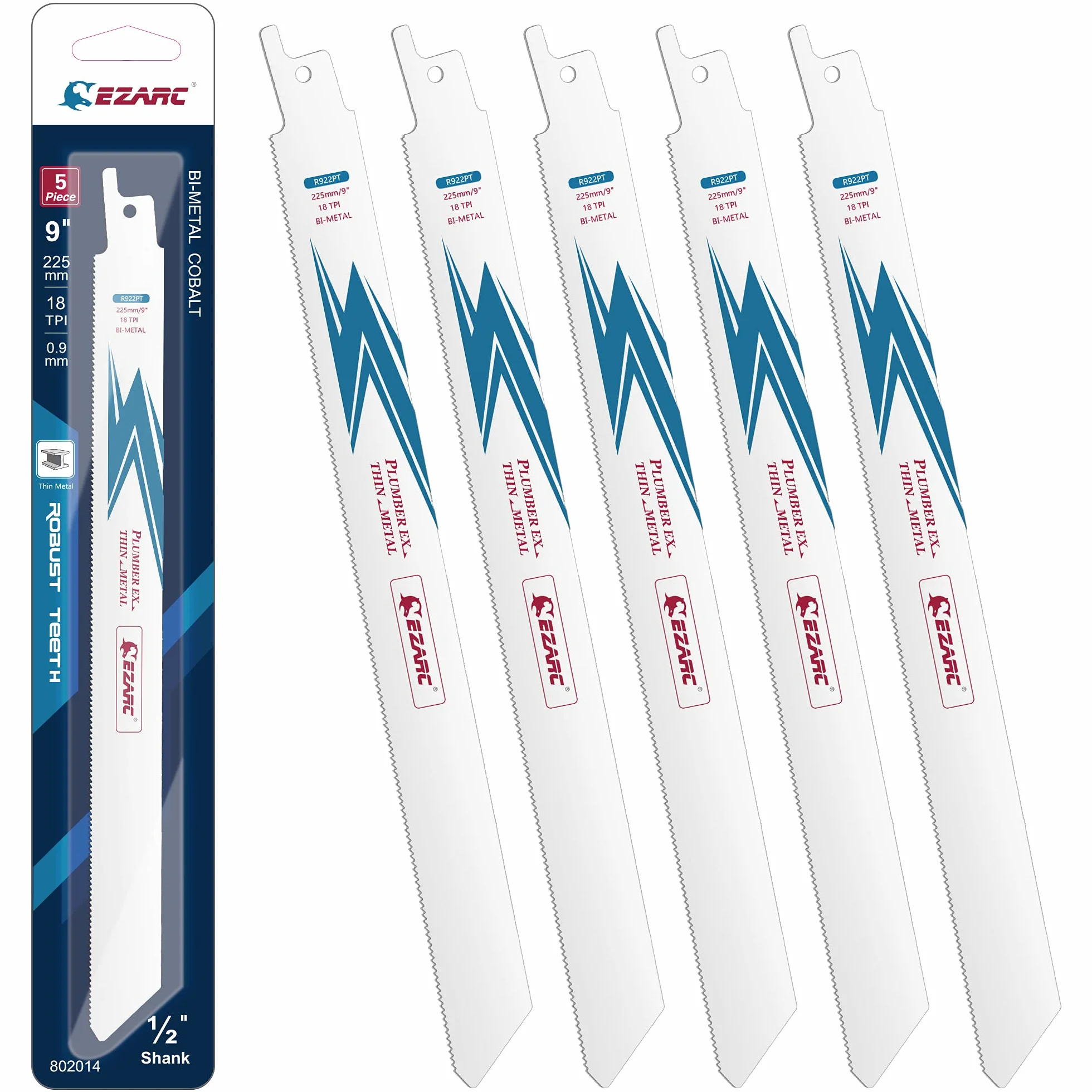 EZARC Brzeszczot do piły szablastej bi-metalowe kobaltowe brzeszczoty do cięcia cienkiego i średniego metalu 225 mm 18TPI R922PT (5-pak)
