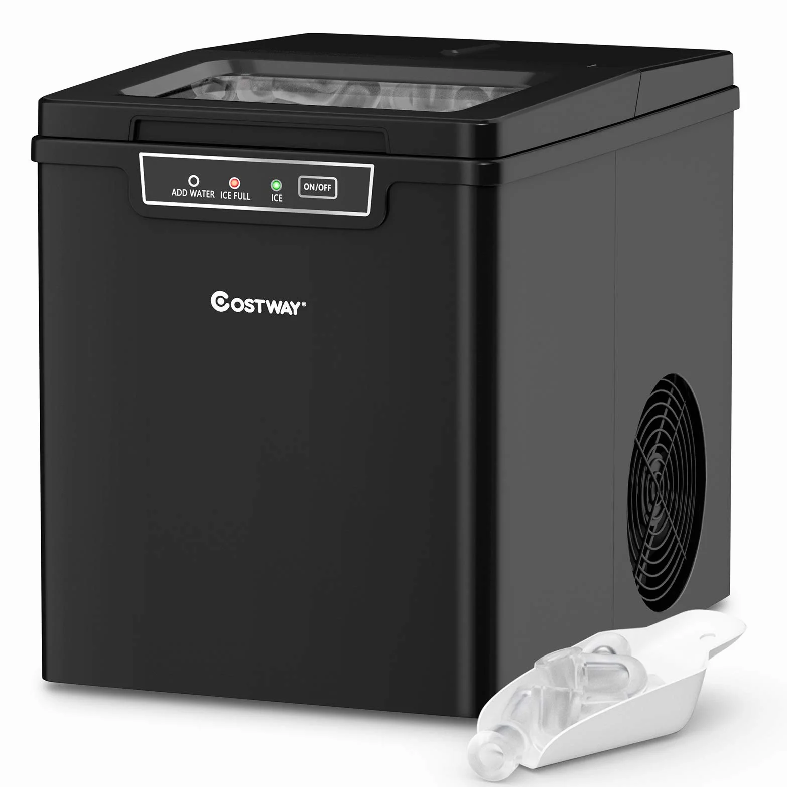 COSTWAY Kostkarka do lodu 1,85 l, 12 kg/24 h, 9 kostek lodu w ciągu 6 min, cicha, kostkarka do lodu z wyświetlaczem LED, szufelką i wyjmowanym koszem na lód 35 x 25 x 29,5 cm