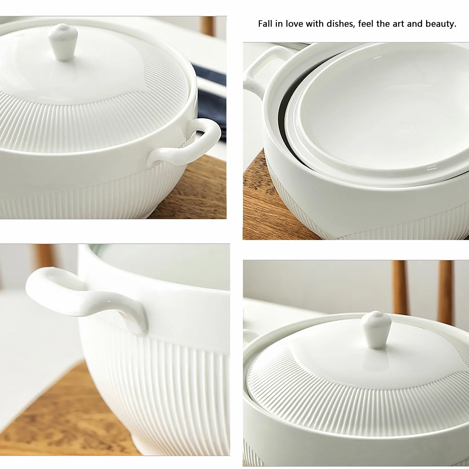 Biała waza z 2 uchwytami, porcelanowe wazaki z pokrywką i łyżką do kuchennej kuchenki mikrofalowej,White,L