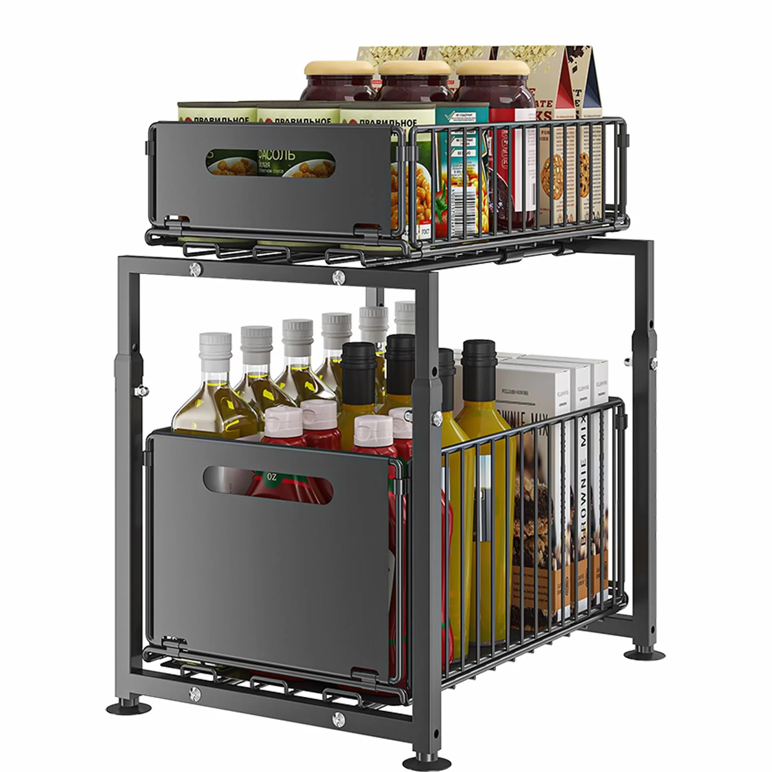 YunNasi Organizer pod Zlewozmywak, 2-Poziomowy, Metalowa Półka Kuchenna z Wysuwanym Systemem, Szary (Czarny, Model-A)
