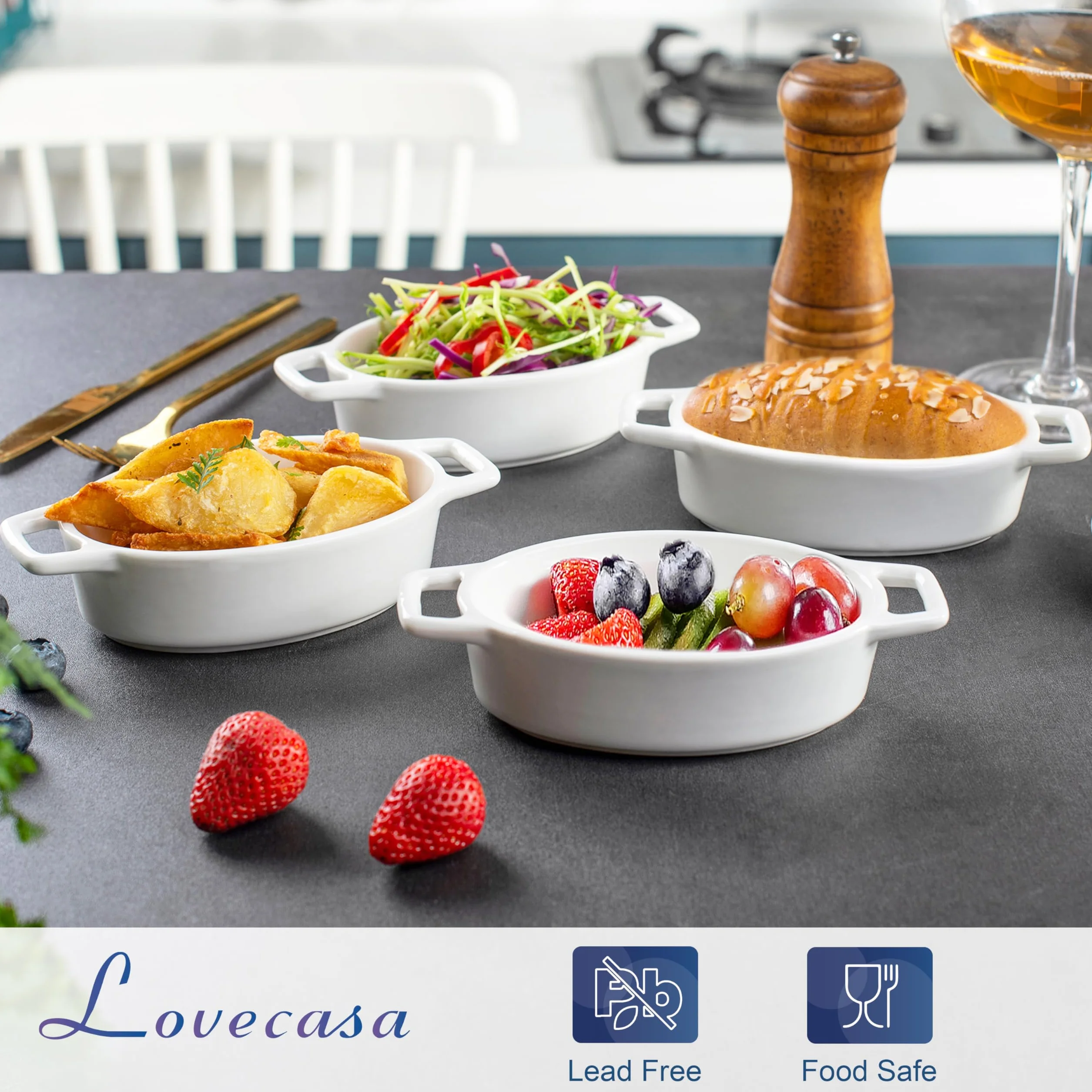 LOVECASA Porcelanowe mini naczynie do zapiekania 190 ml, owalne 11,5 x 3,8 cm, zestaw 4, małe naczynia do pieczenia, mini forma z podwójnym uchwytem, białe