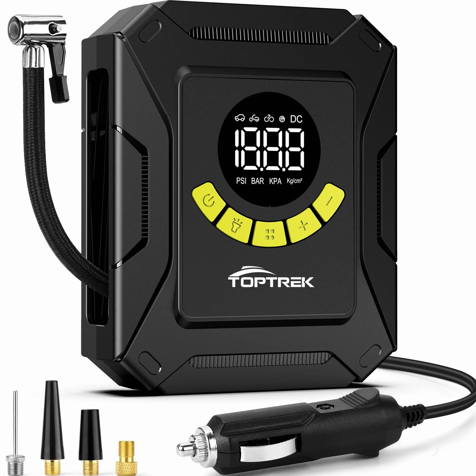toptrek Sprężarka samochodowa 12 V DC, pompa do opon samochodowych, 10,3 bar, sprężarka powietrza z dużym wyświetlaczem LCD, wstępnie ustawione ciśnienie, automatyczne wyłączanie, pompka powietrza do