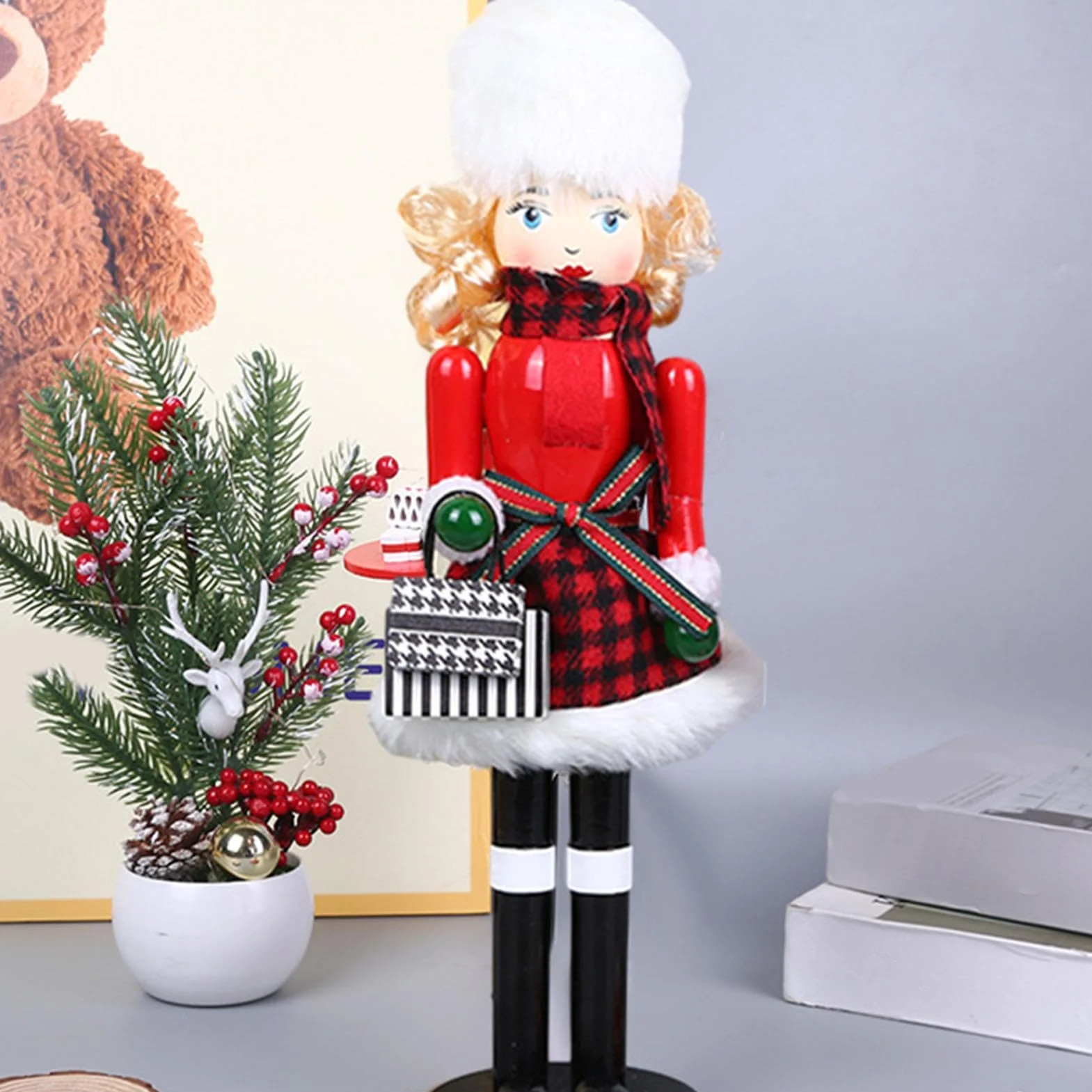 Woman Nutcracker Christmas Decorations, Wooden Nutcracker Figures 15.55x4.13 Inches, Puppet Christmas Table Decor, Bookshelf, Hotel, Cafe, Wood, Reusable Material