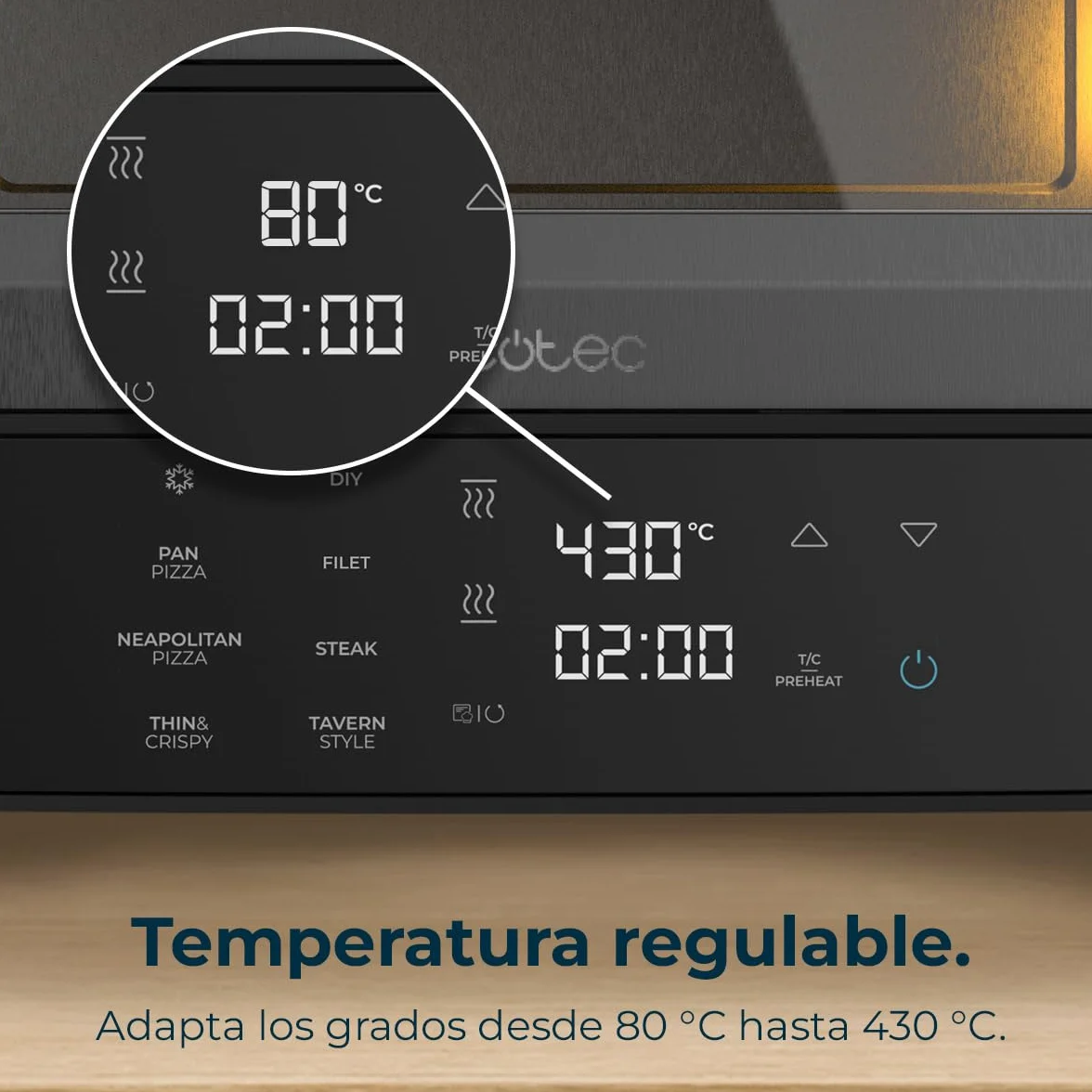 Cecotec Elektryczny piec do pizzy z okienkiem Tifosi Pizza & Co 1700 W, pojemność 12 litrów, sterowanie cyfrowe, stal powlekana, 8 funkcji, timer, temperatura 80°C - 430°C, światło wewnętrzne