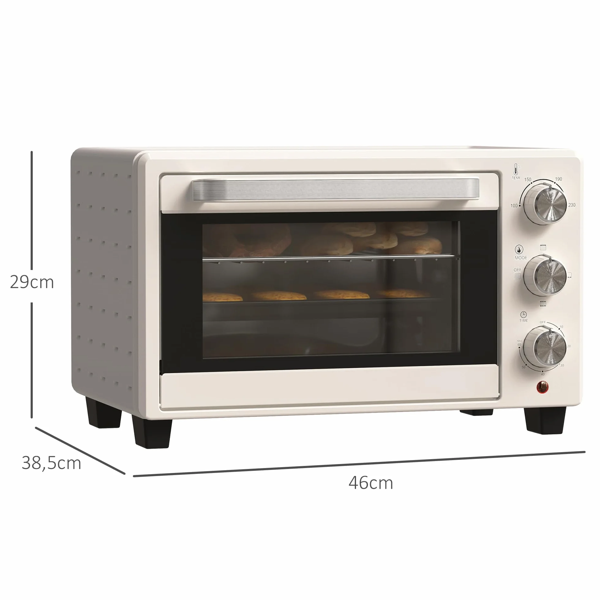 HOMCOM Mini piekarnik 21 l, 1400 W, 100-230°C, timer 60 min, blacha do pieczenia, ruszt do grillowania, pizza, kremowy biały