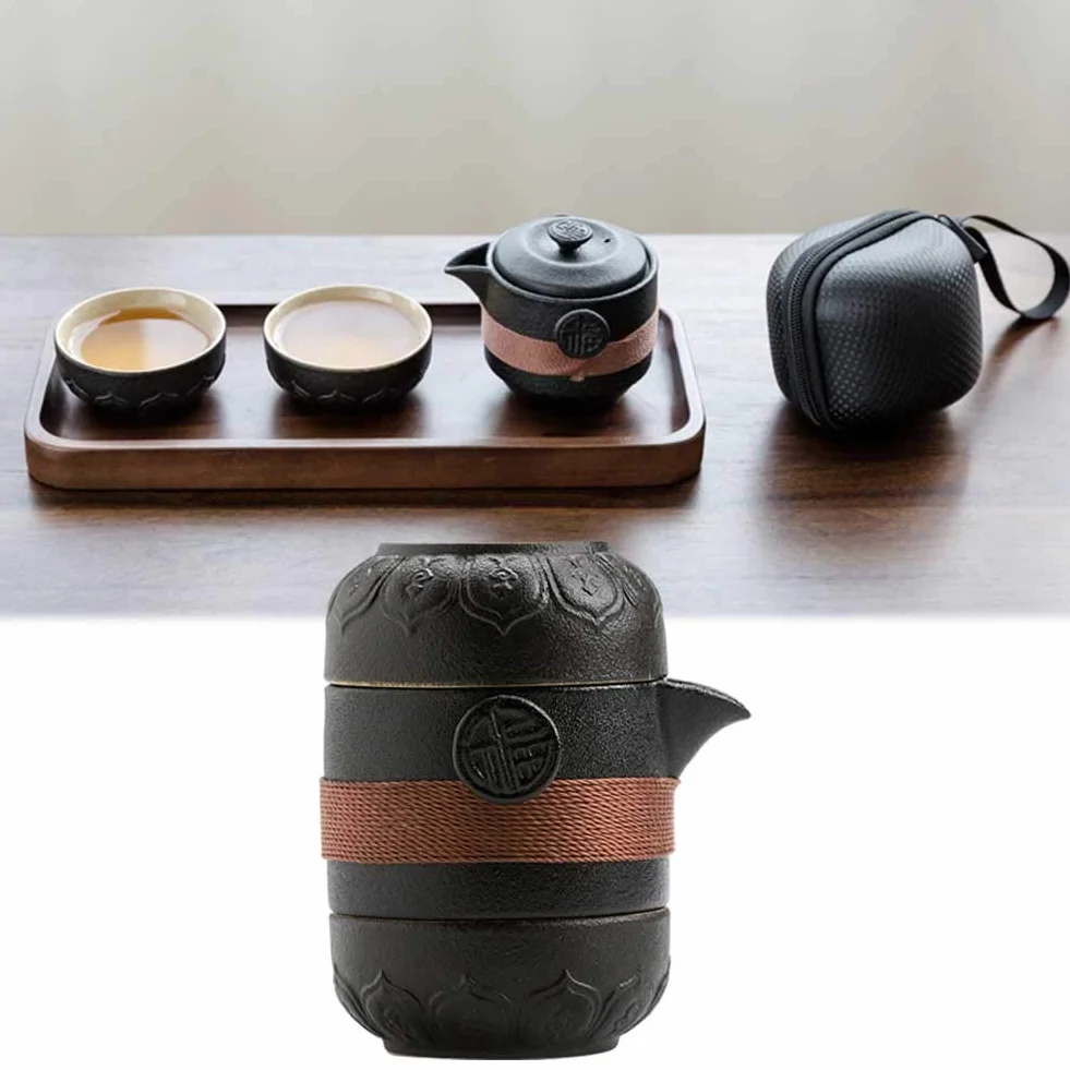 Syfunlv Mini podróżny dzbanek do herbaty ceramiczny, przenośny zestaw do herbaty Kung-Fu z garnkiem i dwoma kubkami, z filtrem do wody do herbaty i workiem do przechowywania na zewnątrz piknik do biura domu