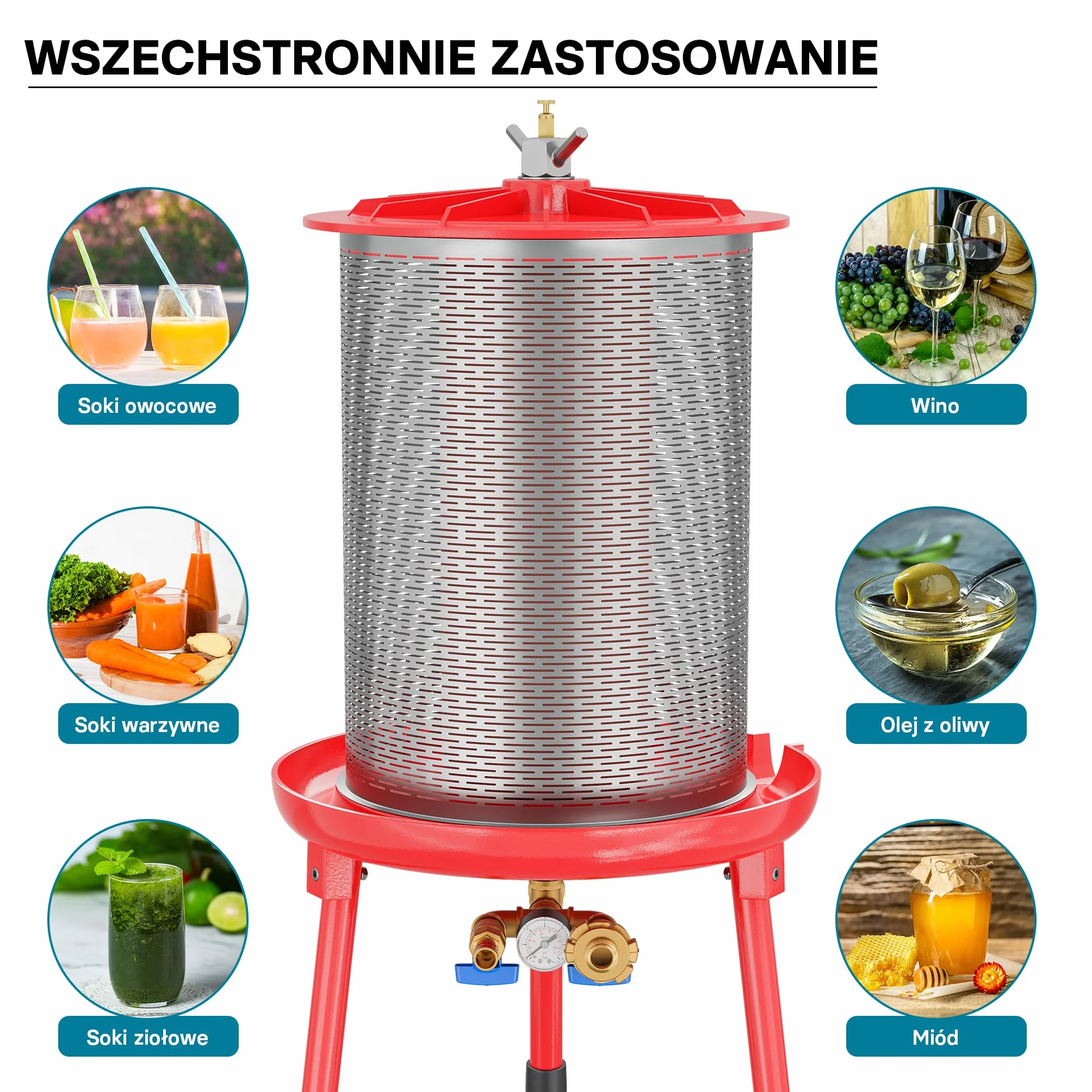Wiltec Hydroprasa do owoców 20 litrów, ręczna prasa hydrauliczna, prasa do wyciskania soków z owoców i warzyw pod ciśnieniem wody, stal nierdzewna