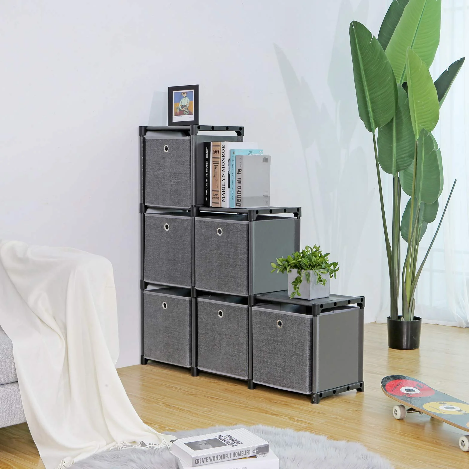 SONGMICS LSN66BK regał wtykowy, system przechowywania 6 kostek, z 6 pudełkami z materiału, wielofunkcyjny, z wytrzymałą metalową ramą, gumowym młotkiem, 105 x 105 x 30 (szer. x wys. x głęb.), kolor