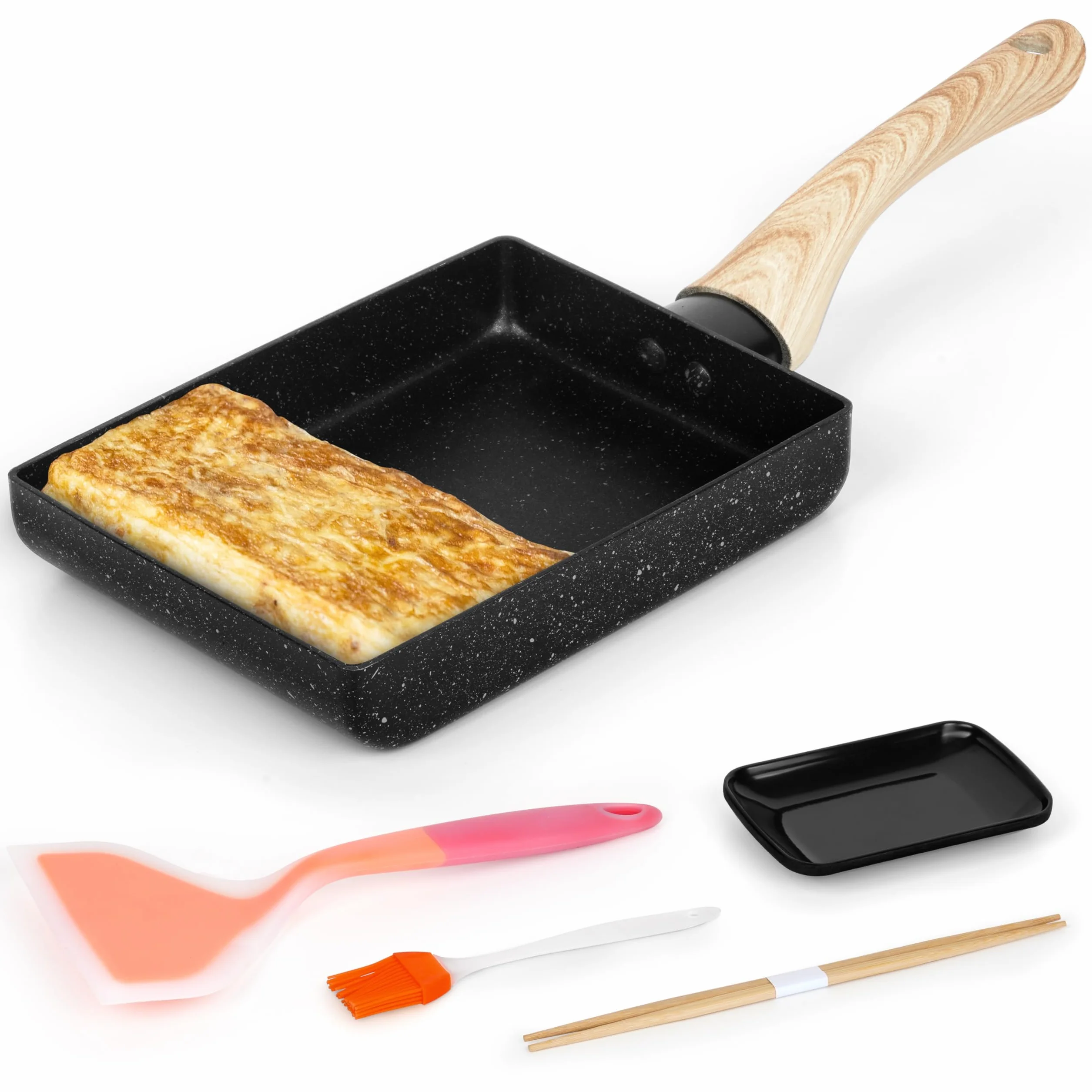Winter Shore Patelnia do Tamagoyaki Zestaw: Prostokątna Patelnia z Drewnianym Uchwytem, Talerz, Szczotka do Oleju, Łopatka Silikonowa i Pałeczki