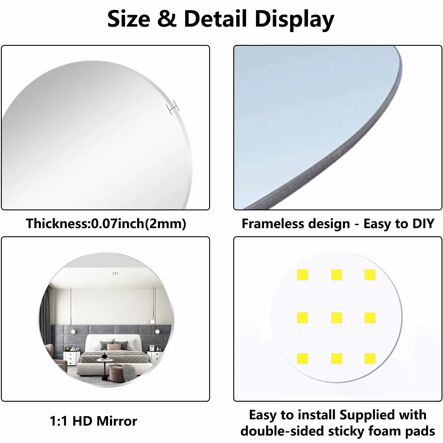 TSKDKIT Okrągłe lustro ścienne 40 cm samoprzylepne okrągłe szklane lustro HD duże lustro ścienne 40 cm lusterko do makijażu bez ramy dekoracyjne lustro ścienne do łazienki, sypialni, salonu, drzwi itp